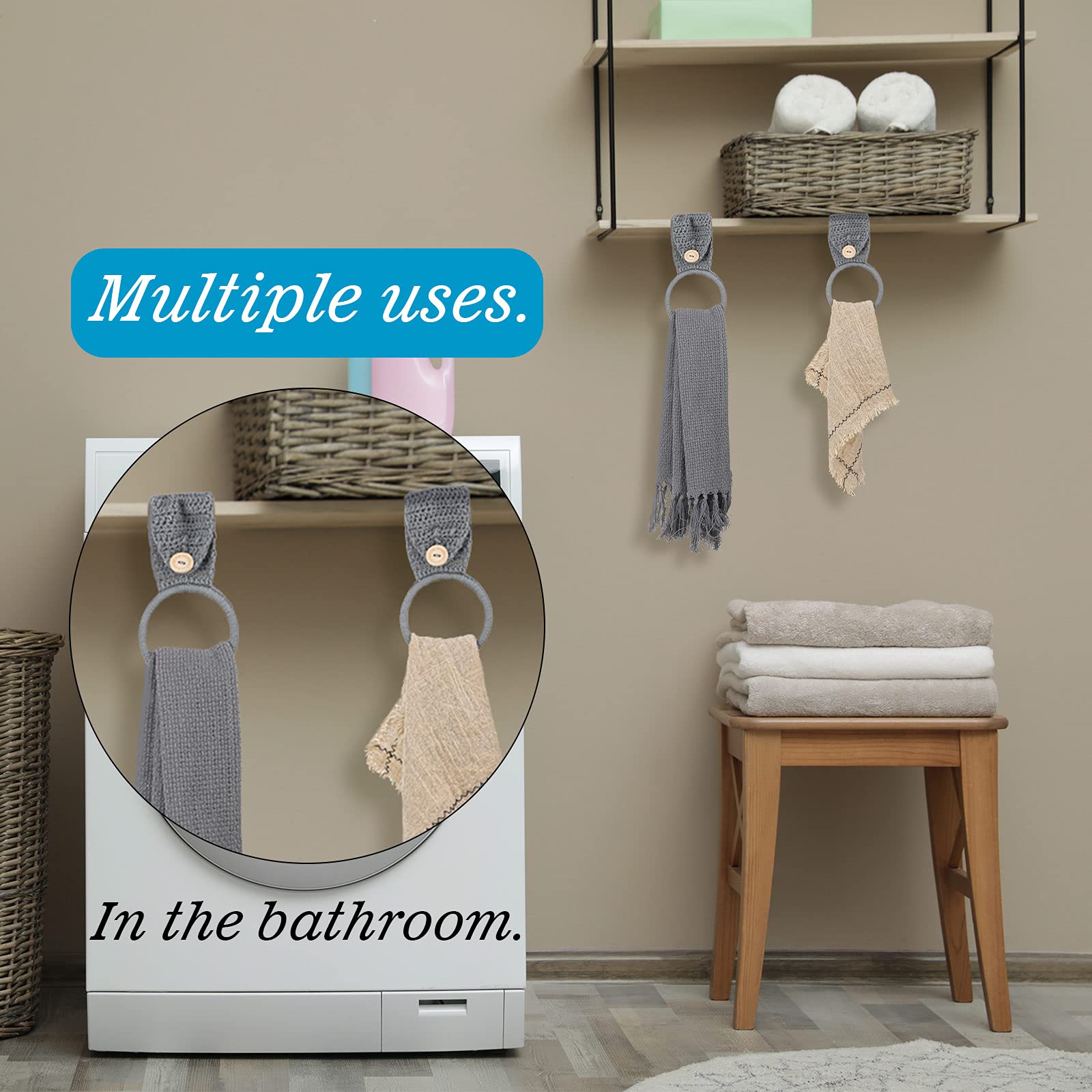 Tatuo 3-Piece Crochet Towel Holder Set - Gray Kitchen & Bathroom Hanging Dish Towel Rings for Oven Handle & Stove - Perfect for Organizing Kitchen Towels, Pot Holders & Dishcloths