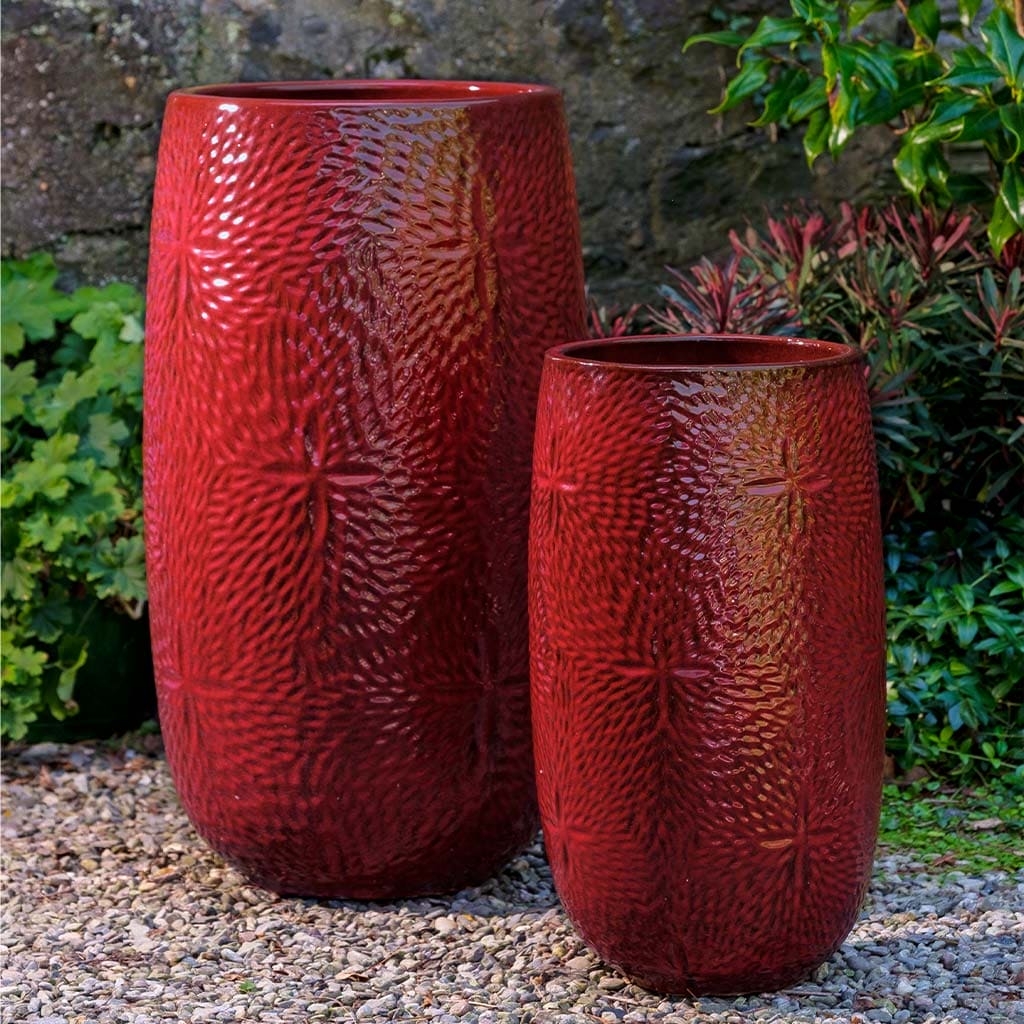 Campania International Sand Dollar Tall Planter Set of 2 - Tropical Red Ceramic Flower Pots for Indoor/Outdoor Plants | Perfect for Patio, Garden & Home Decor