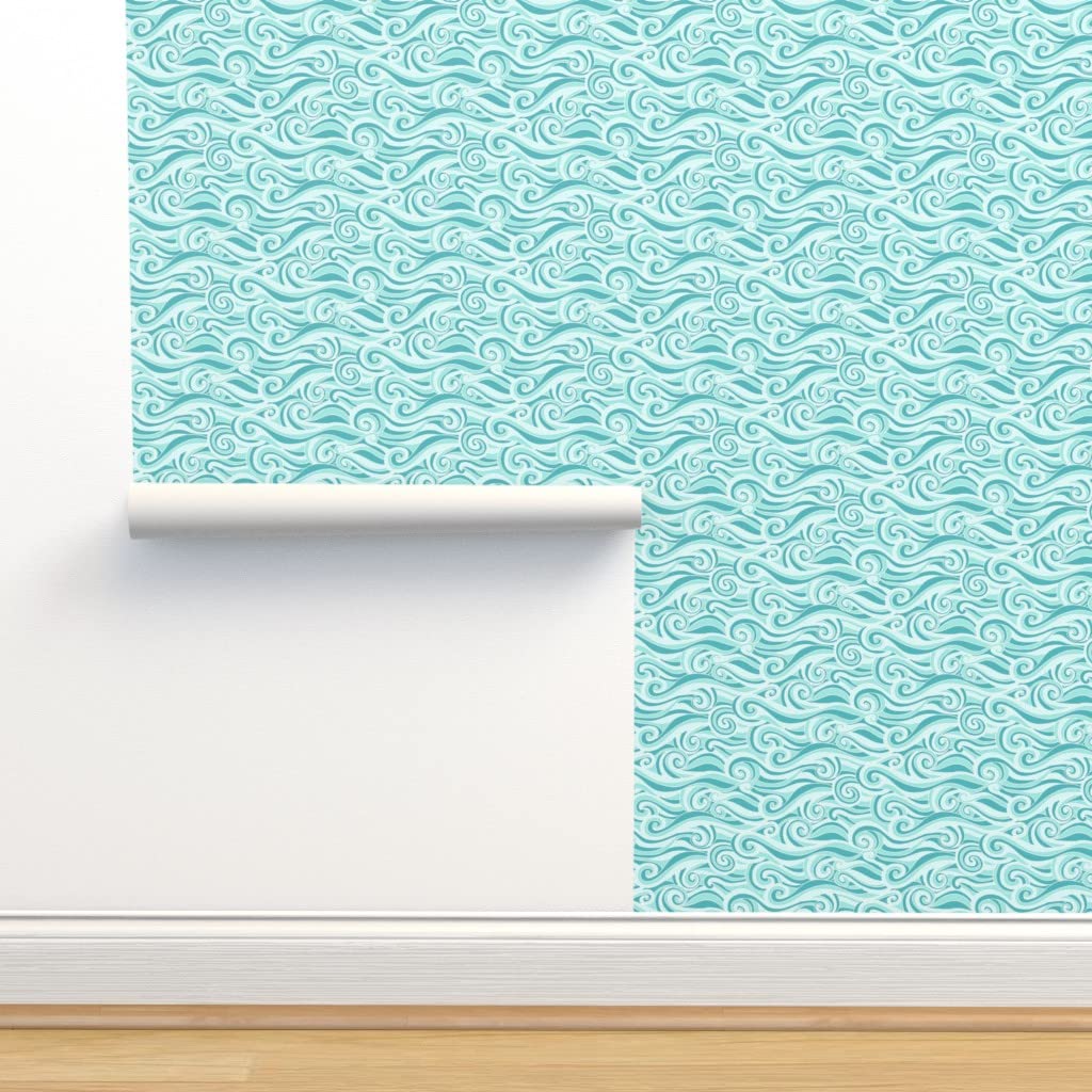 Peel & Stick Removable Wallpaper Swatch - Ocean Waves Aqua Sea Design | Nautical Beach Water Decor | Custom Self-Adhesive Wallpaper by Spoonflower | Perfect for Bedroom, Bathroom & Nursery Decor