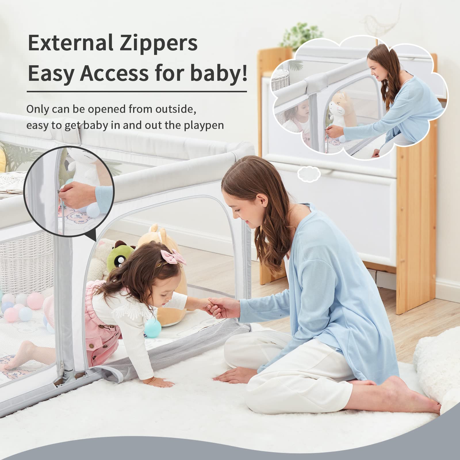 Foldable Baby Playpen 79x59 Inches - Adjustable Play Yard for Toddlers 1-3 Years, Indoor & Outdoor Safety Gate with Carry Bag - Light Grey | Perfect for Home, Nursery, Park & Travel Use