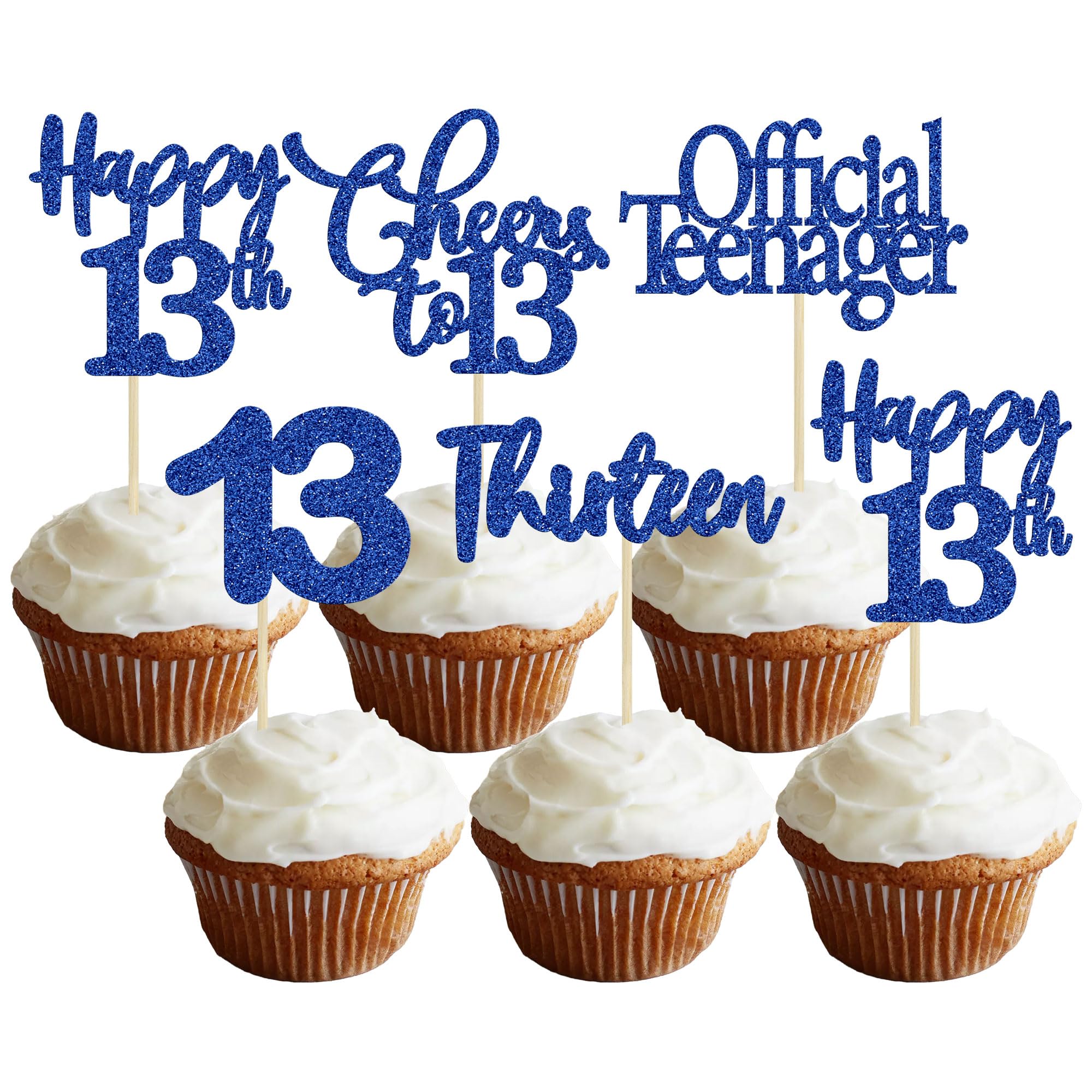 30 Pack Happy 13th Birthday Cupcake Toppers - Dark Blue Glitter 13 Number Cake Decorations for Teen Birthday Party, Anniversary Celebration - Perfect for Cupcakes, Cakes, and Dessert Table Decor