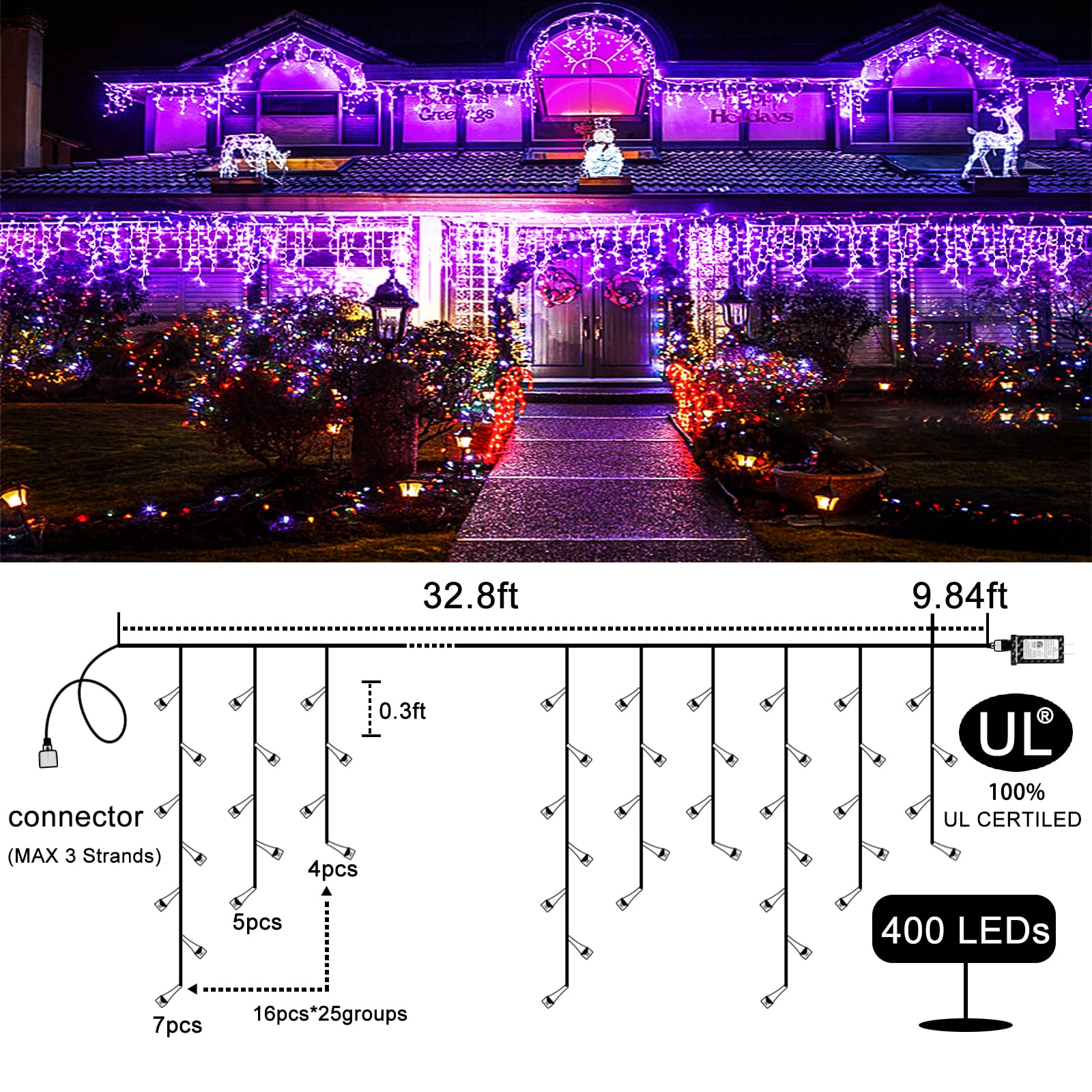 400 LED Purple Icicle Christmas Lights Outdoor, 33ft Waterproof Holiday Lights with 8 Modes & 75 Drops - Perfect for Indoor/Outdoor Christmas, Halloween, Party Decorations & Home Holiday Lighting