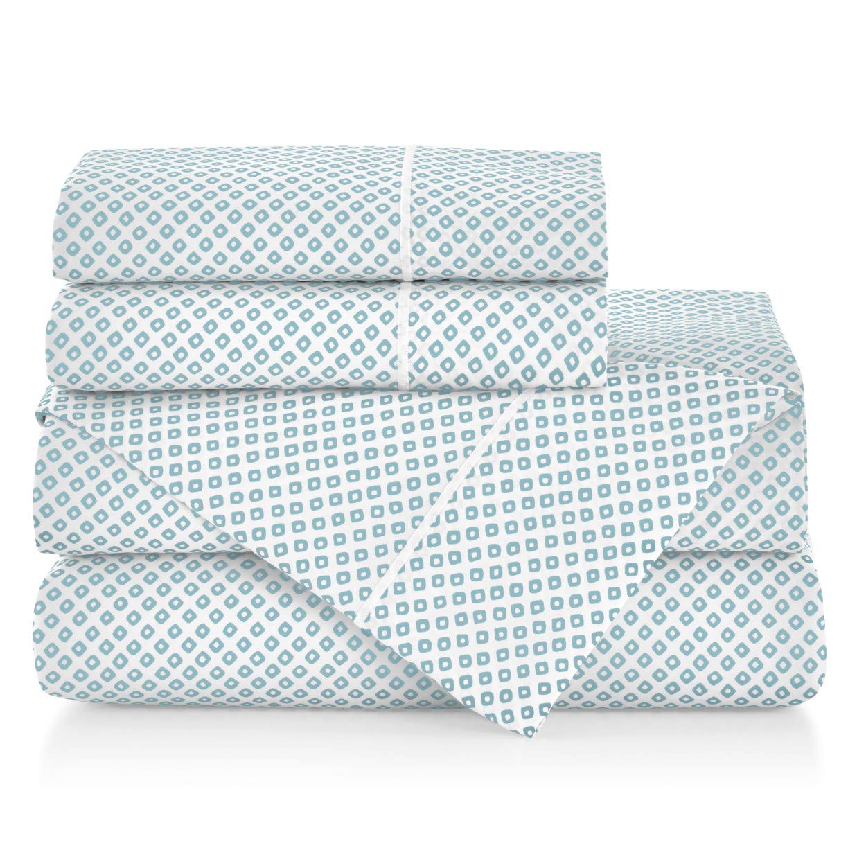 Peacock Alley Emma Printed Sateen Sheet Set - 100% Long Staple Cotton 300 Thread-Count Queen Size Bed Sheets | Ultra Soft & Smooth Sateen Weave | 5 Colors (Aqua) for Luxury Bedroom Decor & Hotel Style Comfort