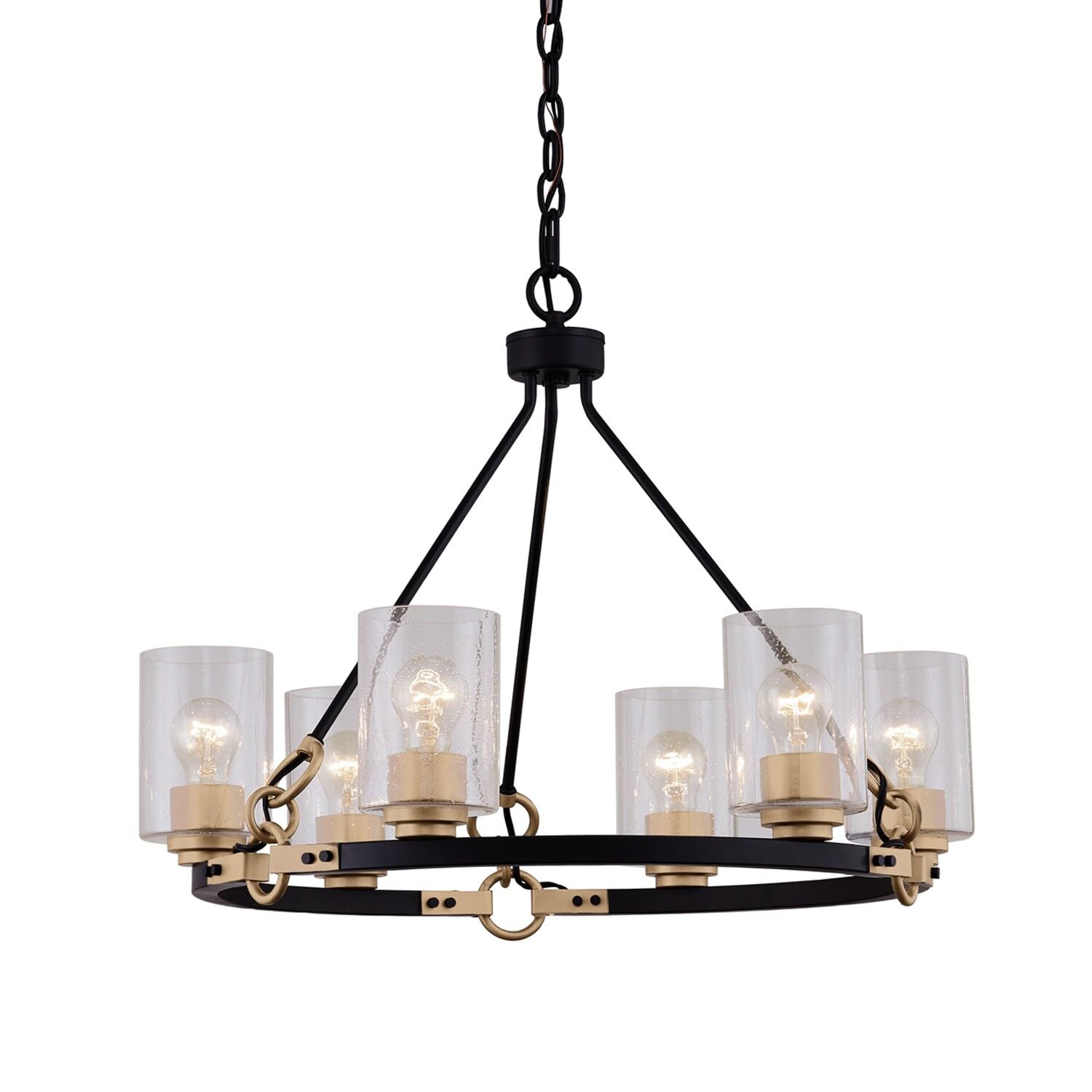 Richmond 6-Light Chandelier in Matte Black with Brass Accents & Seeded Glass Shade - Elegant Dining Room Lighting for Modern Farmhouse or Industrial Decor