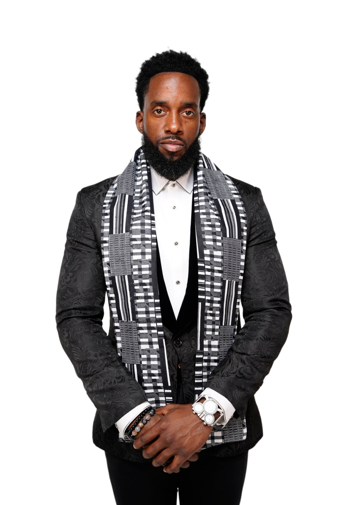 Authentic Black and White Kente African Print Stole Sash - Handwoven Ghanaian Scarf for Weddings, Graduations & Cultural Events