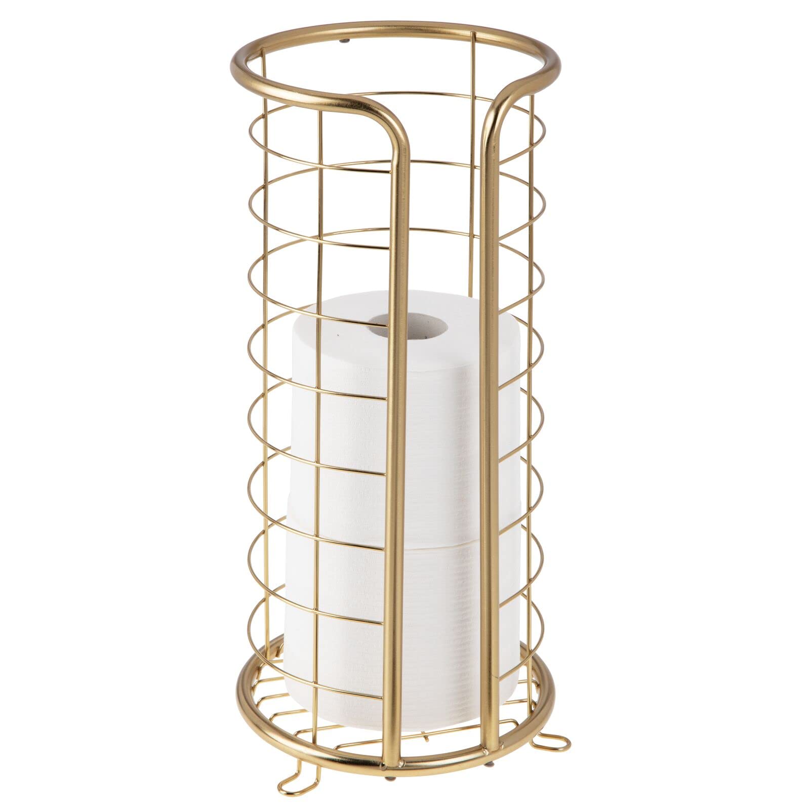 mDesign Metal Toilet Paper Holder Stand - Freestanding Bathroom Tissue Storage for 3 Rolls - Modern Floor Toilet Paper Dispenser - Omni Collection in Soft Brass - Perfect for Bathroom, Guest Room, and Office Use
