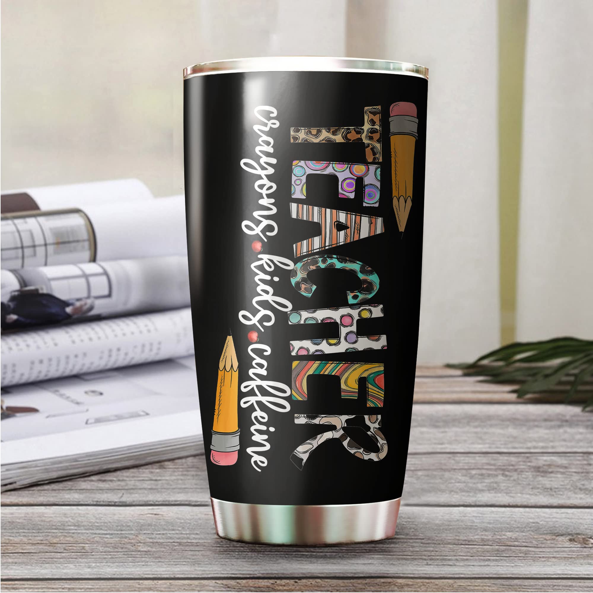 20oz Teacher Crayons Kids Caffeine Tumbler - Unique Teacher Appreciation Gift for Men & Women, Graduation Retirement Present, Preschool Educator Gift - Perfect for Classroom Use, Coffee Breaks and Teacher Recognition Events
