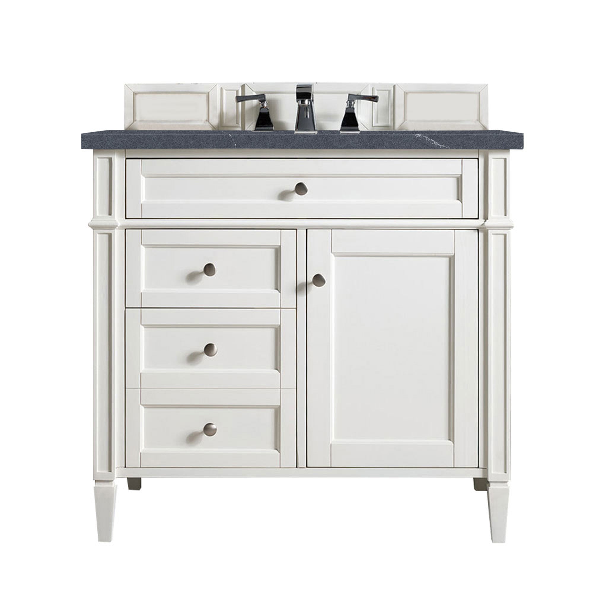 Brittany 36-Inch Bright White Bathroom Vanity with 3CM Charcoal Soapstone Quartz Countertop | Modern Single Sink Vanity for Small Bathrooms & Powder Rooms