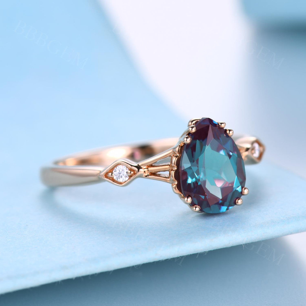 14K Rose Gold Three Stone Pear Shaped Alexandrite Engagement Ring - Minimalist Square Accent Wedding Band for Women | Perfect for Proposals, Anniversaries & Special Occasions