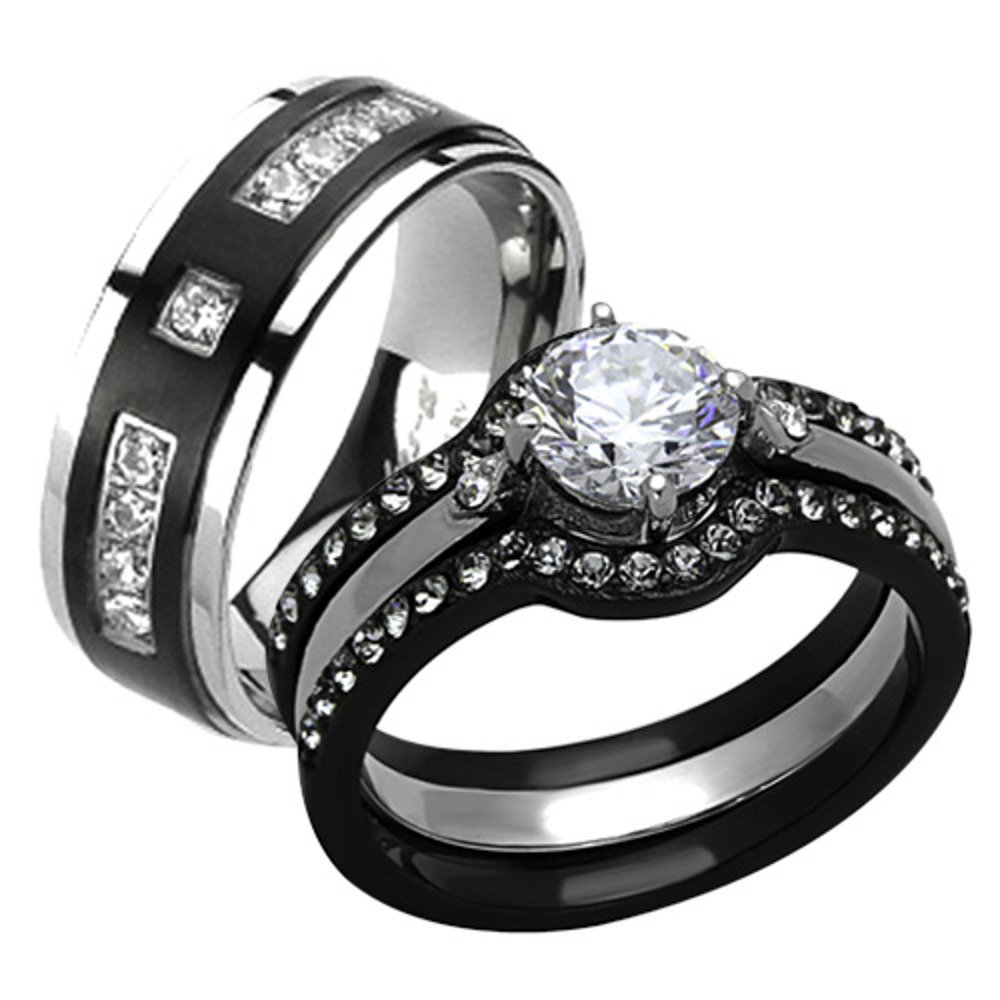 His & Her Wedding Rings - Stainless Steel & Titanium Band Set for Couples