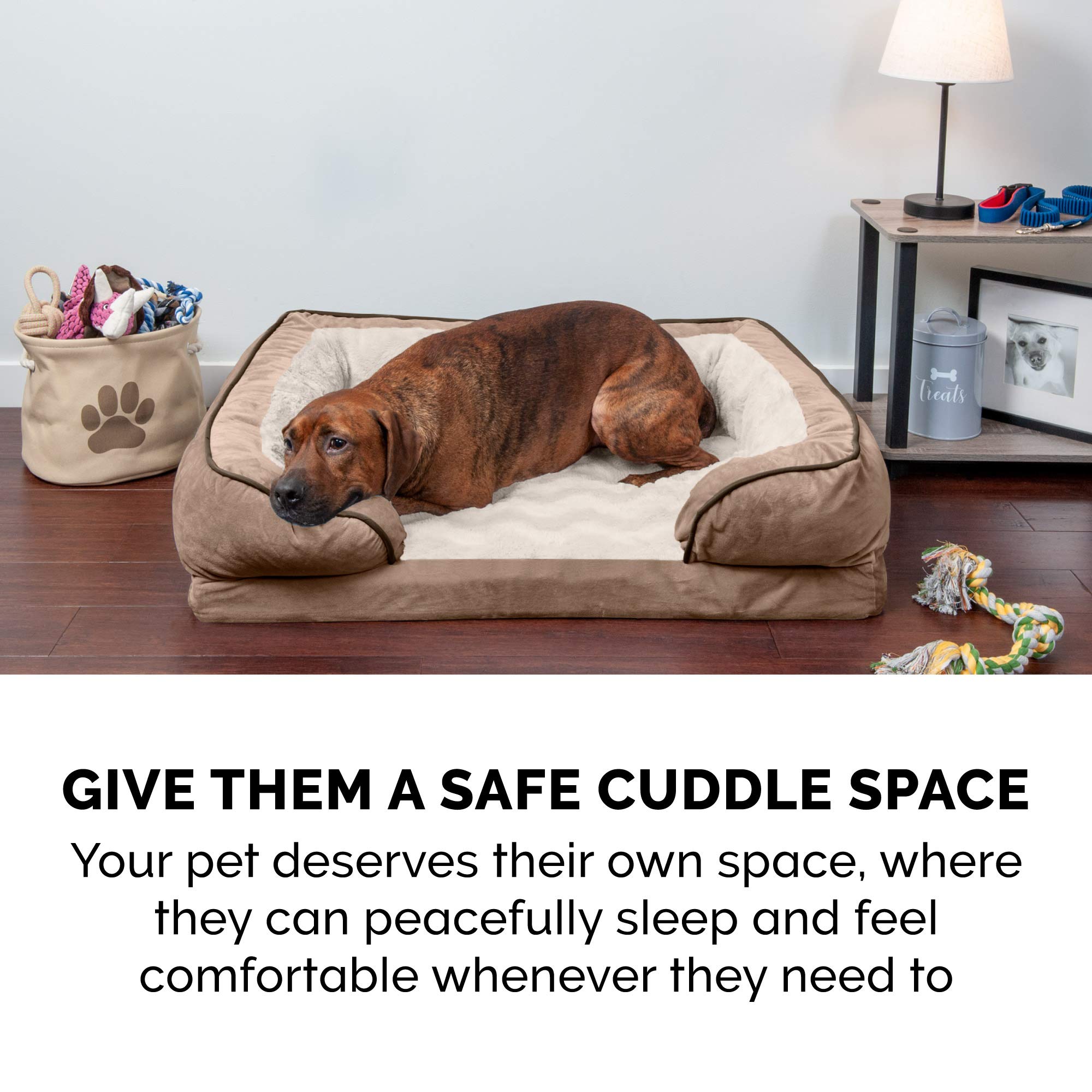 **Furhaven Orthopedic Dog Bed for Large & Medium Dogs - Plush Velvet Waves Sofa with Removable Bolsters & Washable Cover - Supports Up to 55 lbs - Brownstone (Large) - Perfect for Living Room, Bedroom, or Pet-Friendly Spaces**
