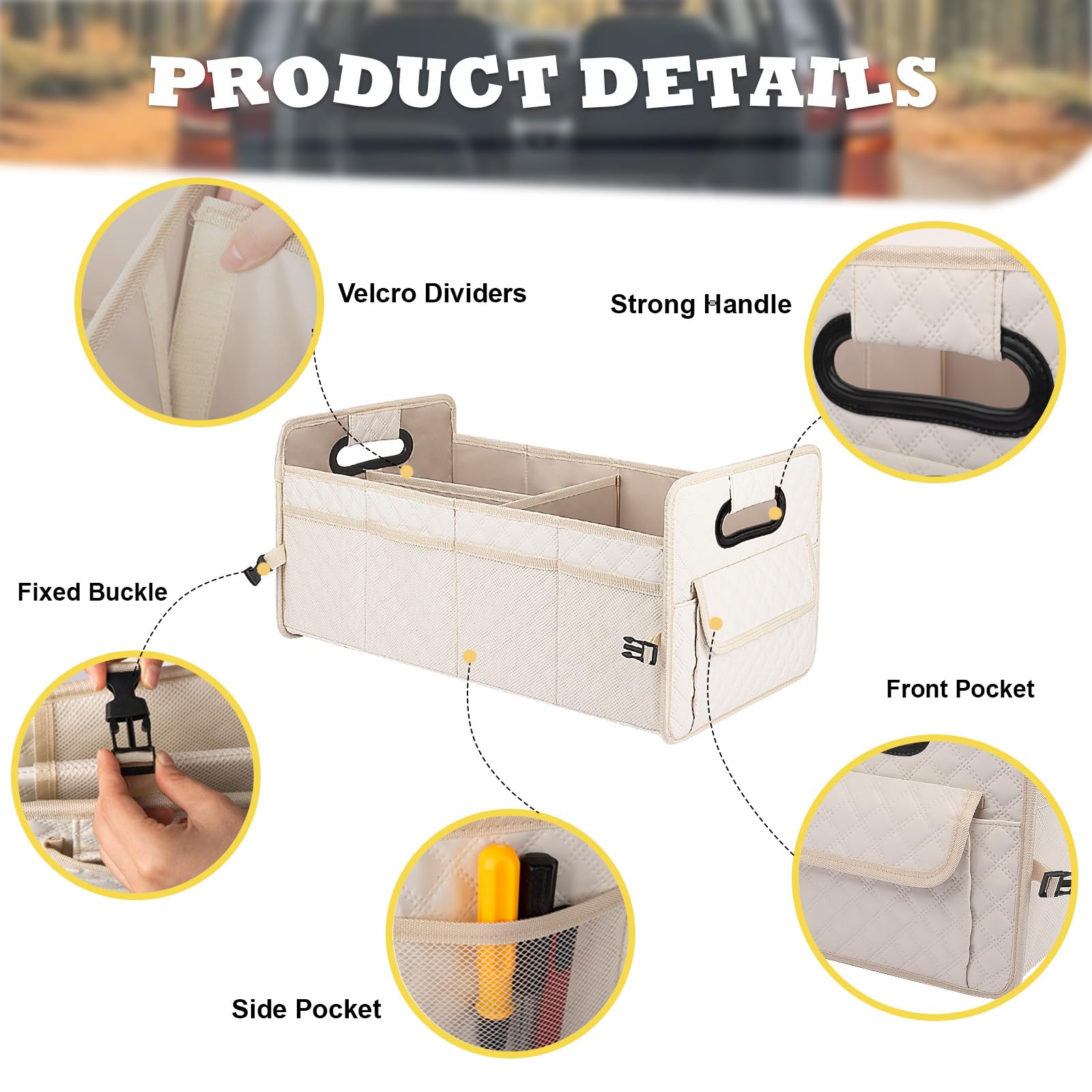 JiatuA Collapsible Multi-Compartment Car Trunk Organizer for SUV - Adjustable Storage Container Box for Women & Men (Beige) | Perfect for Road Trips, Grocery Shopping & Car Organization