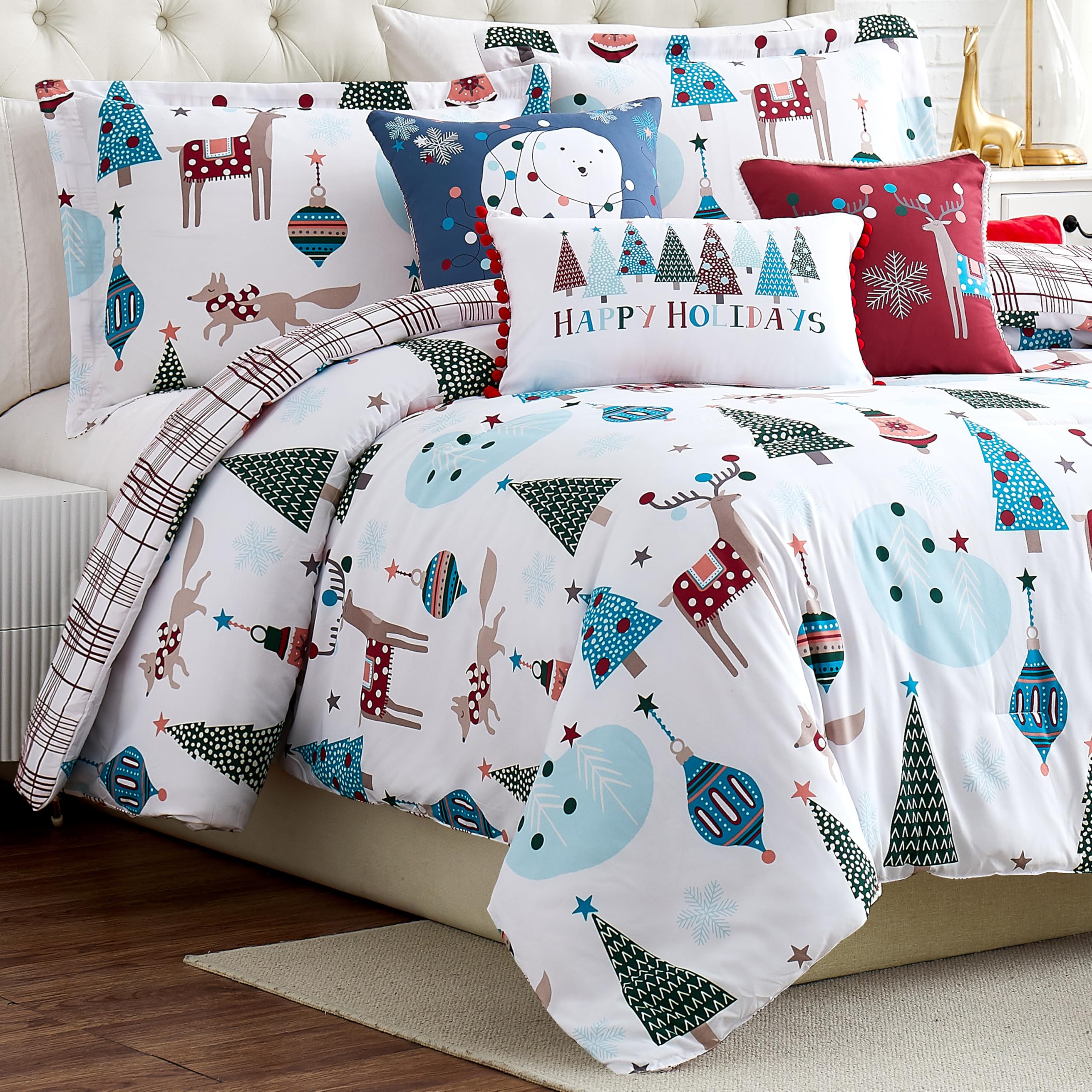 Southshore Fine Living Winter Wonderland Christmas Comforter Set - Twin Size 5-Piece Holiday Bedding with Shams & Throw Pillows, Reversible Red Plaid Bedspread Featuring Cute Trees & Reindeer | Perfect for Festive Bedroom Decor and Cozy Winter Nights