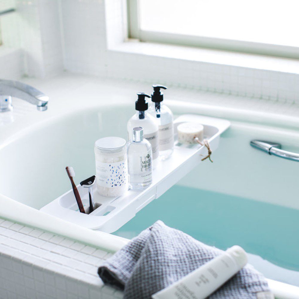 YAMAZAKI Adjustable Extendable Bathtub Tray - White | Bath Caddy for Relaxing with Book, Wine, or Tablet | Perfect for Spa Baths and Self-Care Moments