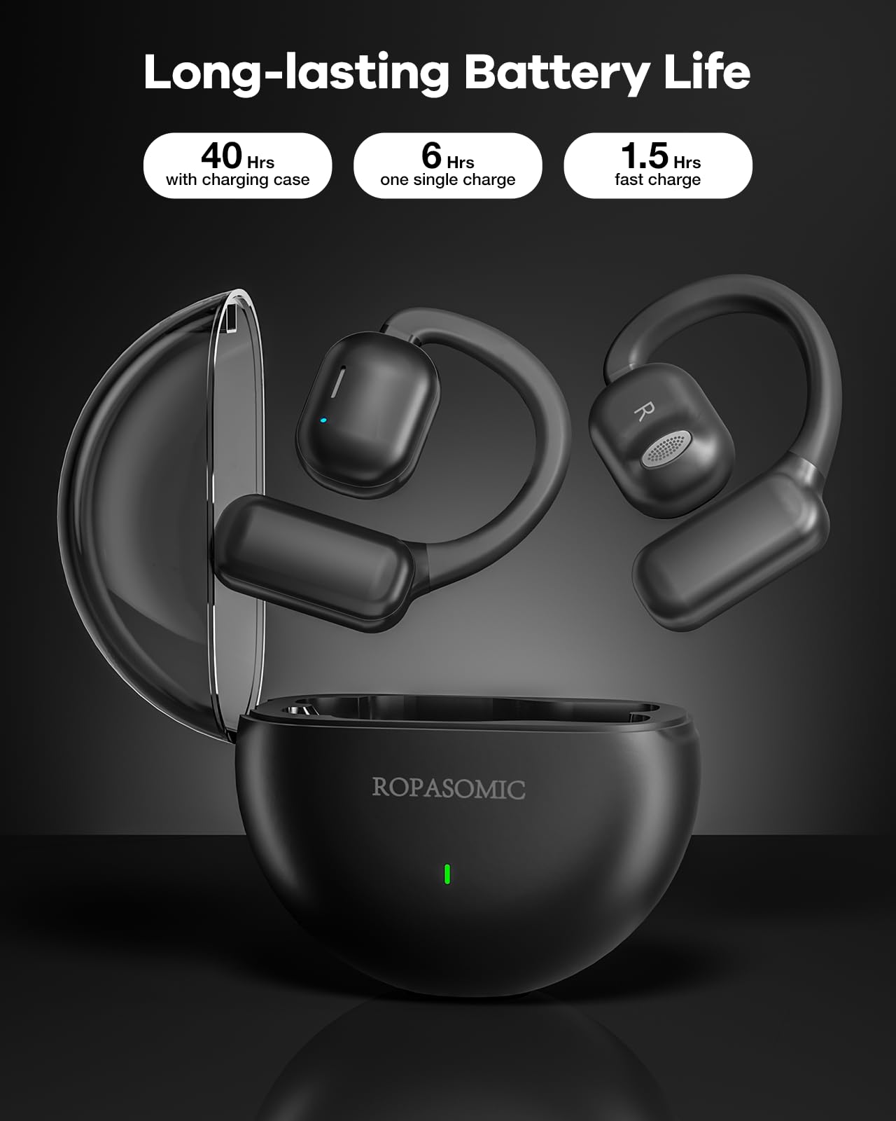 Open Ear Headphones Wireless Bluetooth 5.3 Earbuds with Earhooks - 40Hrs Playtime, IPX6 Sweatproof, Touch Control for Running, Cycling, Workout & Gym - Comfortable Sport Headsets (Black) | Perfect for Outdoor Activities, Fitness Training & Daily Commute
