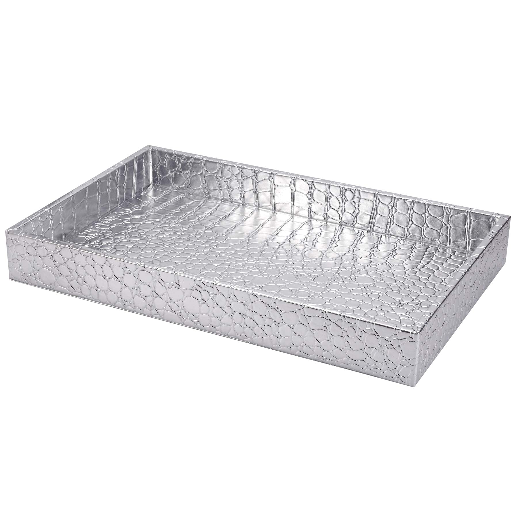 Stylish Faux Leather Silver Vanity Tray - Jewelry Organizer for Perfume, Cosmetics & Makeup | Perfect for Bathroom Counter, Dresser & Nightstand Decor