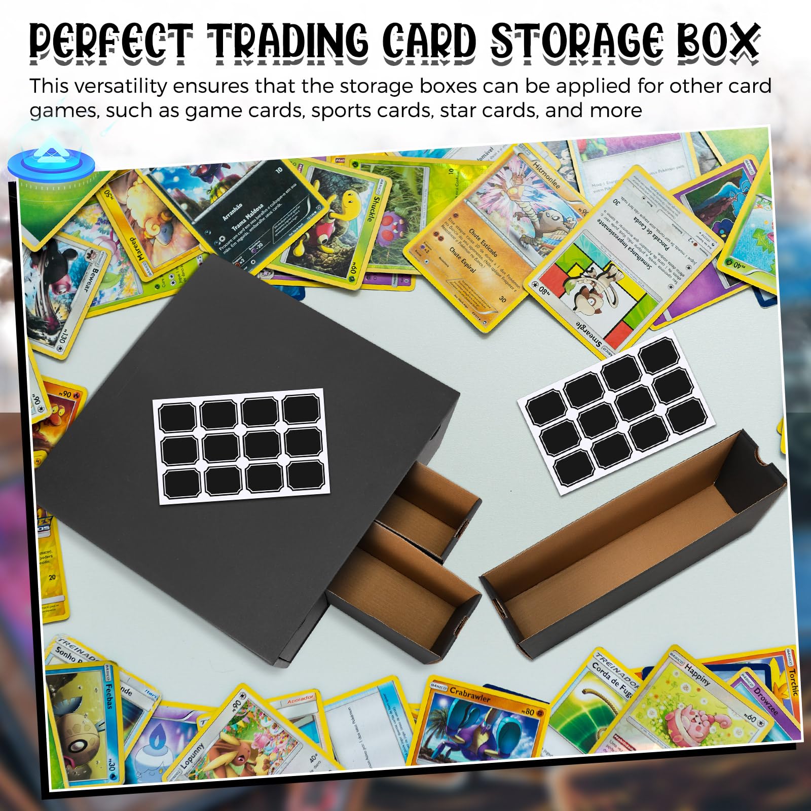 Resurhang 19200+ Trading Card Storage Box with Separate Compartments & Label Stickers - Soccer Sports Card Organizer for TCG, MTG, Pokemon (8 Sets, Black) - Perfect for Card Game Tournaments & Collectors Display