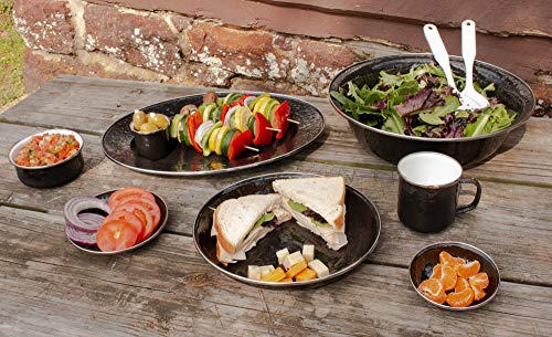 Premium Solid Black Enamelware Dinner Plates 10.5 Inch - Set of 4 Heavy Duty Porcelain-Coated Steel Plates for Rustic Dining, Camping & Outdoor Picnics