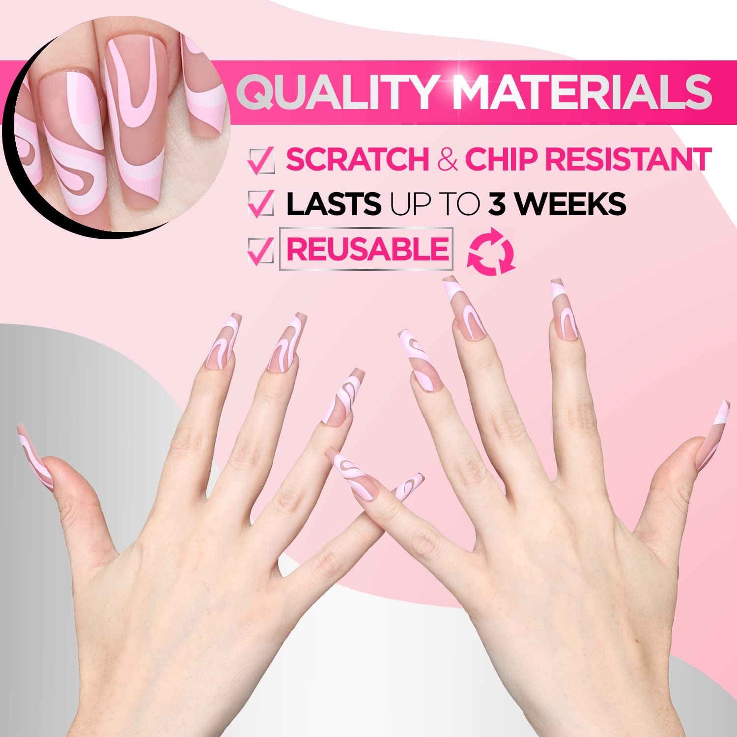 24-Piece Long Press on Nails Kit for Women - Acrylic Fake Nails with Glue, Stickers, Nail File & Cuticle Stick (Pink Swirl) - Perfect for Parties, Weddings & Everyday Glam