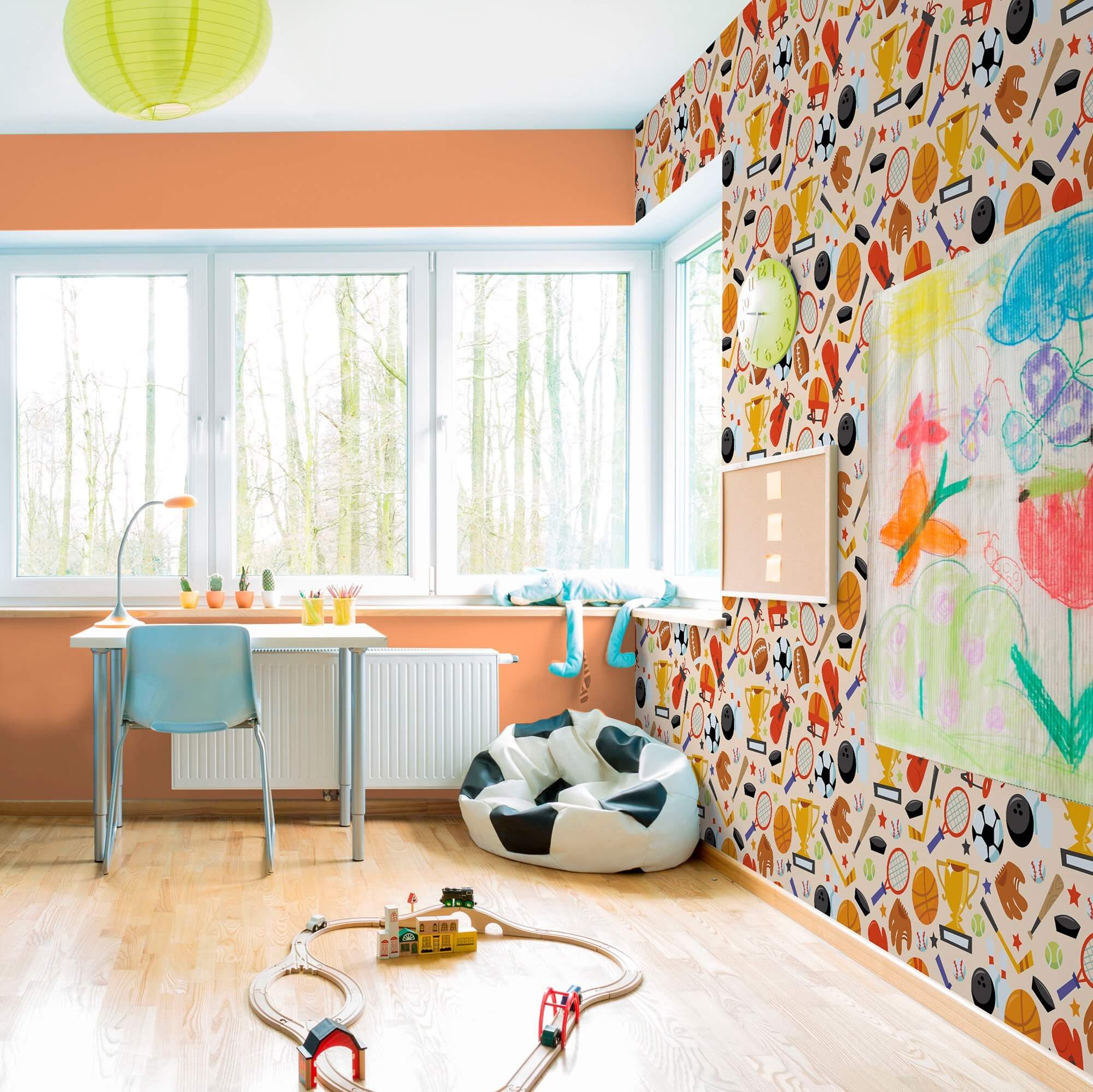 Beige and Black Sports Themed Kids Removable Peel & Stick Wallpaper - Perfect for Nursery, Playroom, and Bedroom Decor