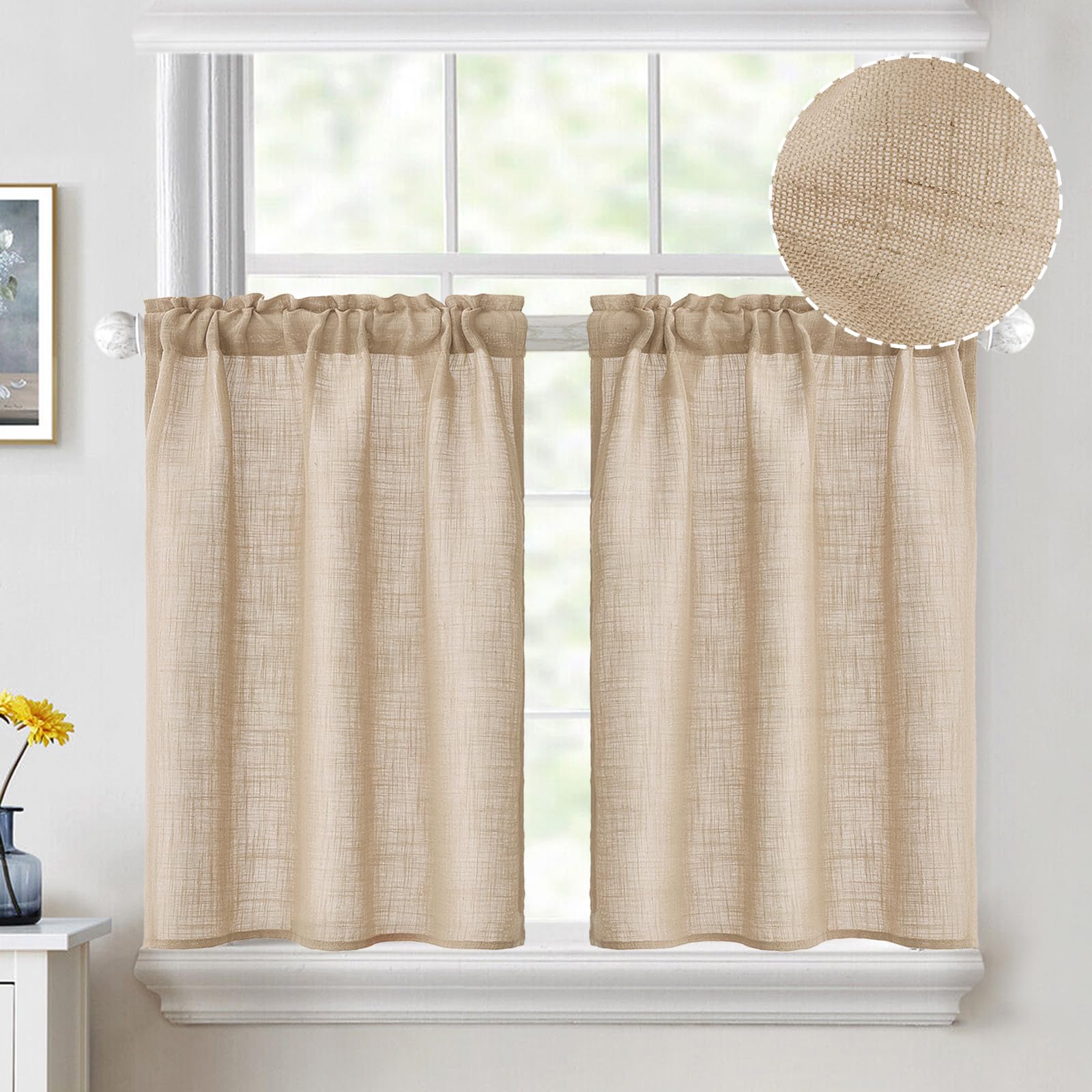 MIULEE 36 Inch Semi-Sheer Cafe Curtains - Light Filtering Farmhouse Linen Tier Curtains for Kitchen, Bathroom & Basement Windows (2 Panels, 26x36 Inches, Camel Beige) | Perfect for Privacy & Natural Light Control in Cozy Spaces