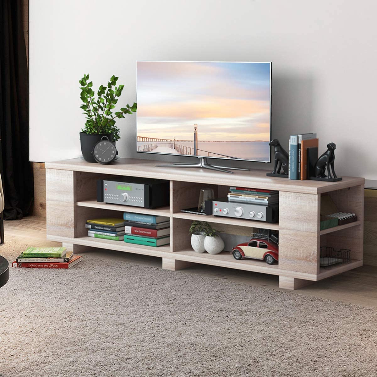 Modern Wood TV Stand for 65-Inch TVs - Universal Entertainment Center with 8 Open Storage Shelves - Stylish Living Room Furniture for TV, Gaming & Media Storage (Natural Wood Finish)