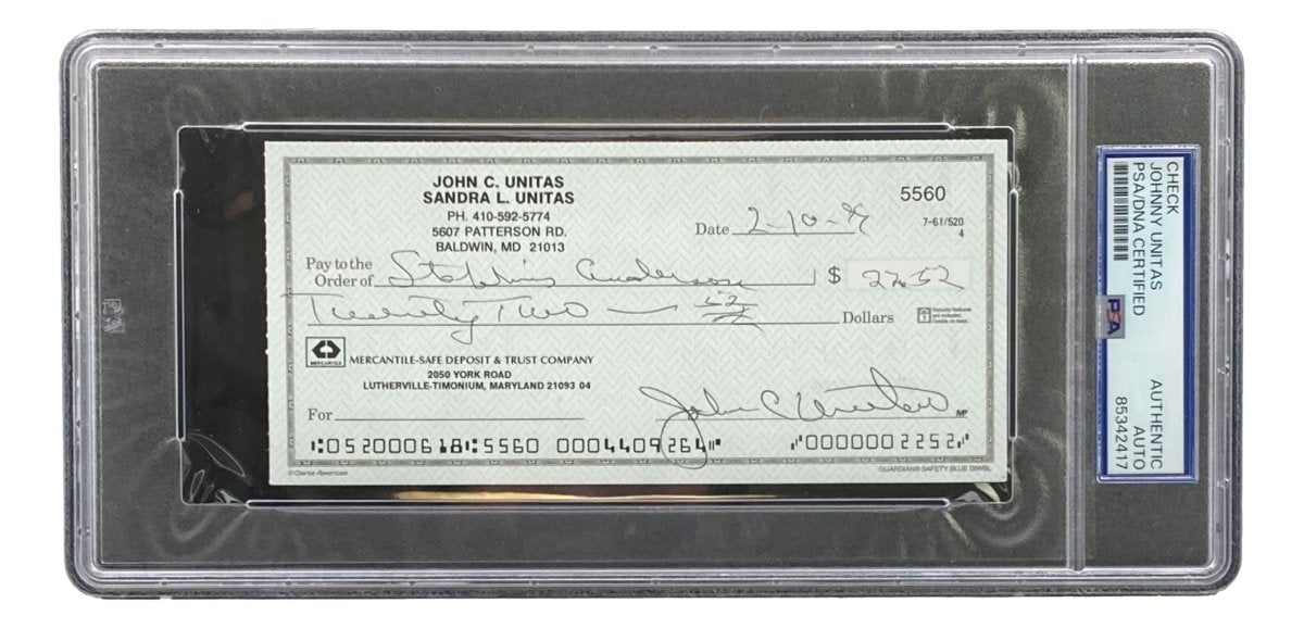Johnny Unitas Baltimore Colts Autographed Signed Bank Check #5560 PSA Certified - Rare Football Memorabilia for Collectors & Sports Fans Display