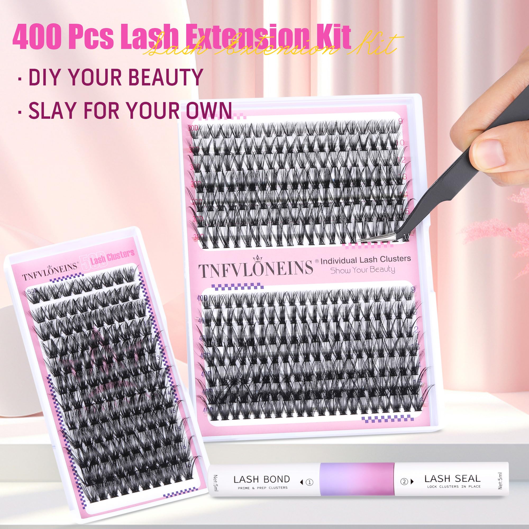 Professional DIY Lash Extension Kit - 400Pcs Cluster Lashes (30D/40D/50D) with Bond & Seal Glue & Applicator Tool - Natural Looking Individual Eyelash Extensions for Salon-Quality Results at Home - Perfect for Parties, Weddings & Special Occasions