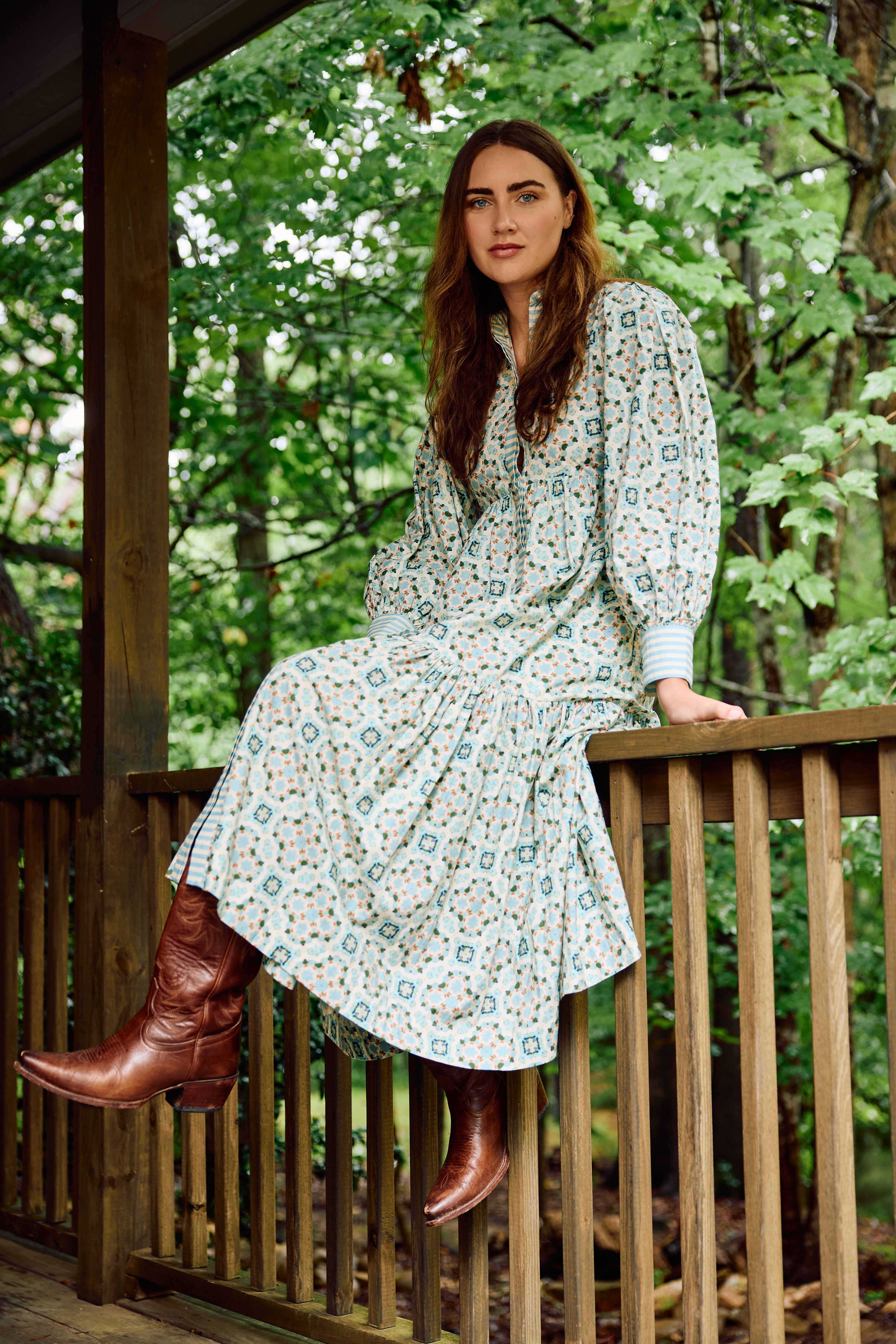 Laura Long Sleeve Quatrefoil Print Dress in Blue & Ivory - Elegant Office Wear & Casual Party Outfit