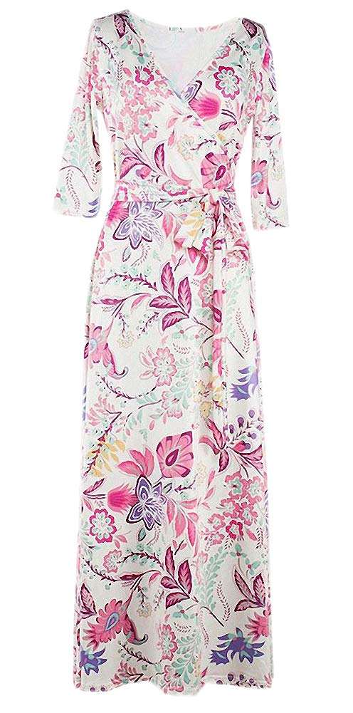 Afibi Women's Bohemian 3/4 Sleeve Faux Wrap Maxi Dress with Belt - Flowy Summer Beach Dress for Vacation, Date Night & Casual Wear