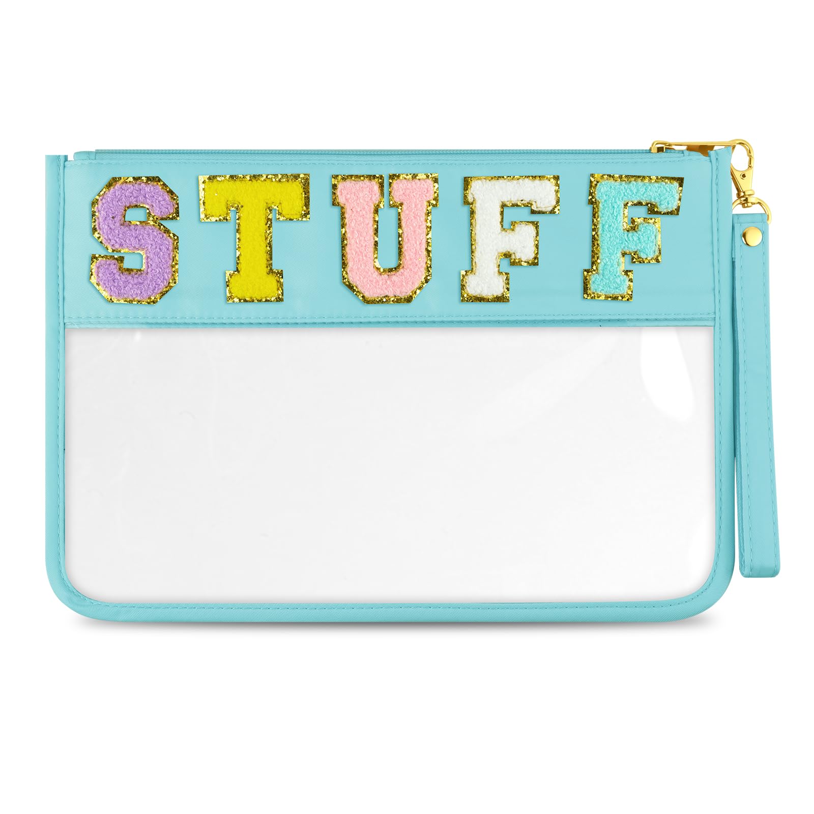 Morcheiong Cute Chenille Letter Cosmetic Bag - Clear Zipper Pouch for Makeup, Travel & School - Portable PVC & Nylon Storage Organizer with Handle - Perfect for Gym, Beach & Daily Use (Cyan)