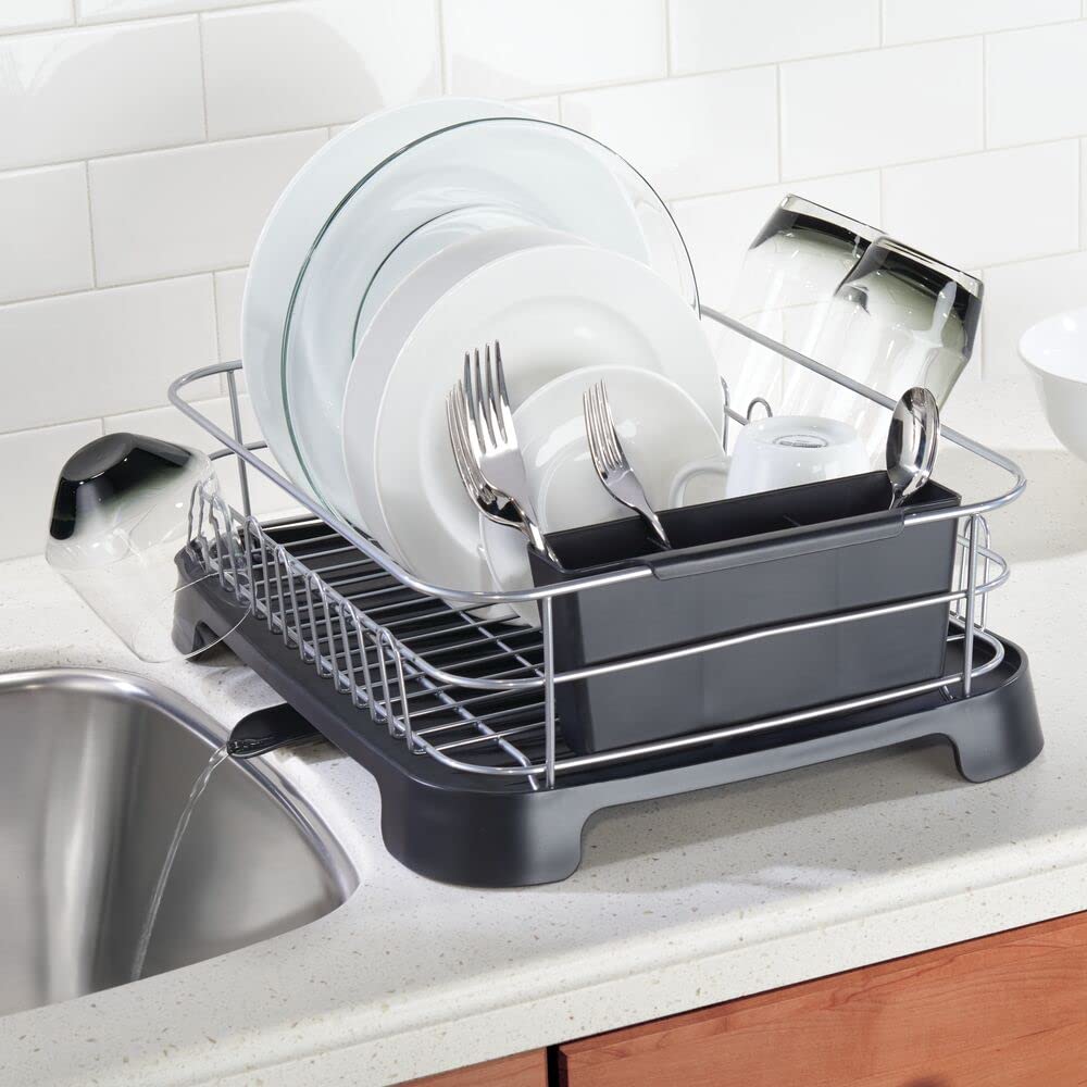 mDesign Alloy Steel Sink Dish Drying Rack with Swivel Spout - Silver/Black | Space-Saving Kitchen Organizer for Dishes, Utensils & Cutting Boards | Perfect for Small Kitchens & Countertops