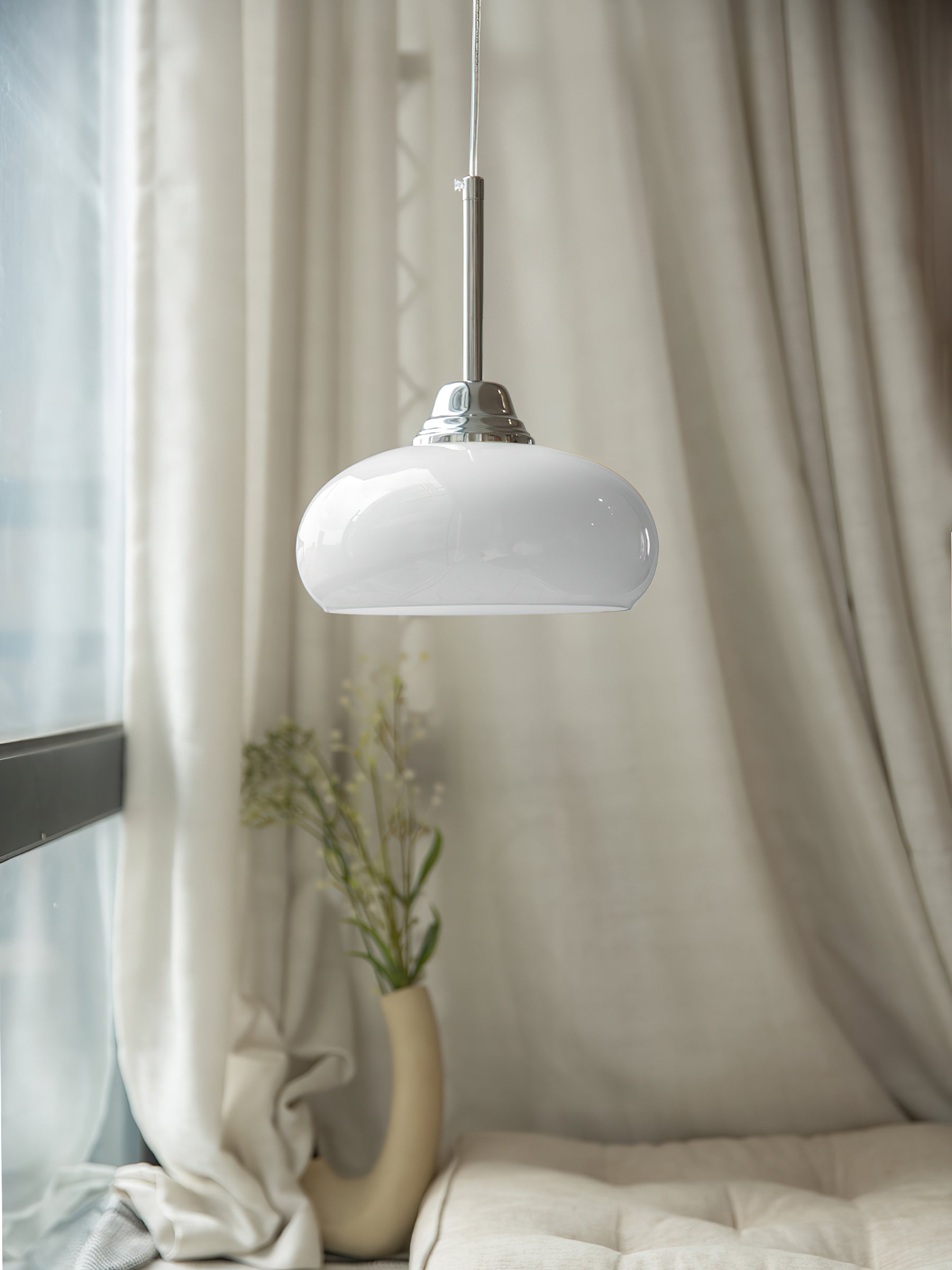Modern Cream Glass Pendant Light - Elegant Hanging Chandelier for Kitchen Island, Dining Room & Bedroom Lighting - Dimmable LED Ceiling Fixture with Frosted Shade