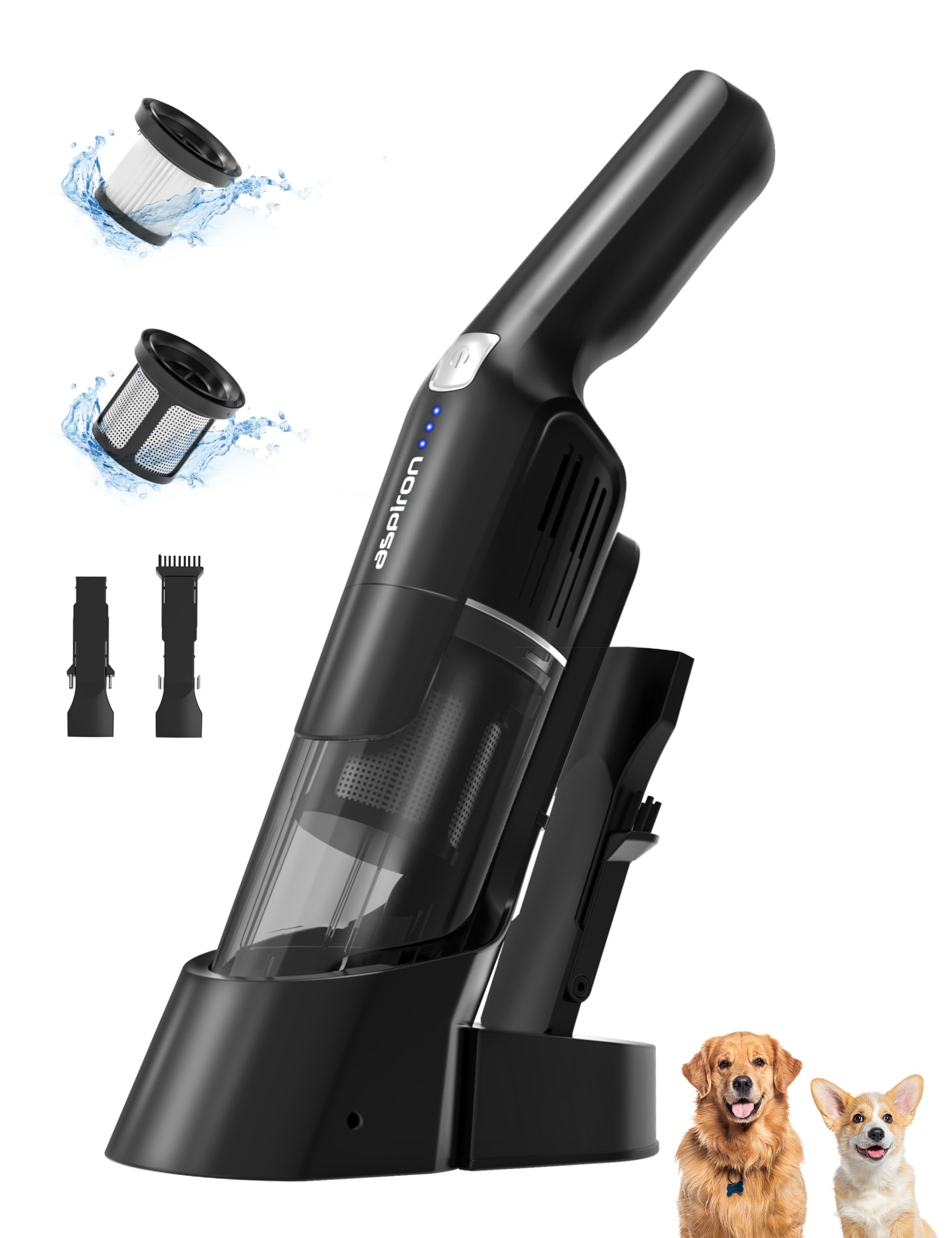 **Aspiron 15KPA Cordless Handheld Vacuum Cleaner - Rechargeable Car & Home Vacuum with Charging Dock, Ergonomic Handle, 2-in-1 Crevice Tool, 2-Speed Settings - Lightweight 1.8lb Portable Vacuum for Pet Hair, Car Seats & Stairs (Black)**
