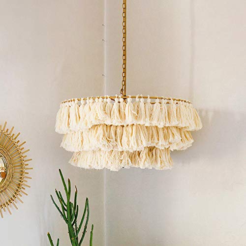 LITFAD 3-Tier Beige Handwoven Rope Chandelier - Modern Bohemian Ceiling Pendant Light for Girls Room, Living Room, Dining Room & Bedroom | Perfect for Boho Home Decor, Nursery Lighting & Cozy Ambiance