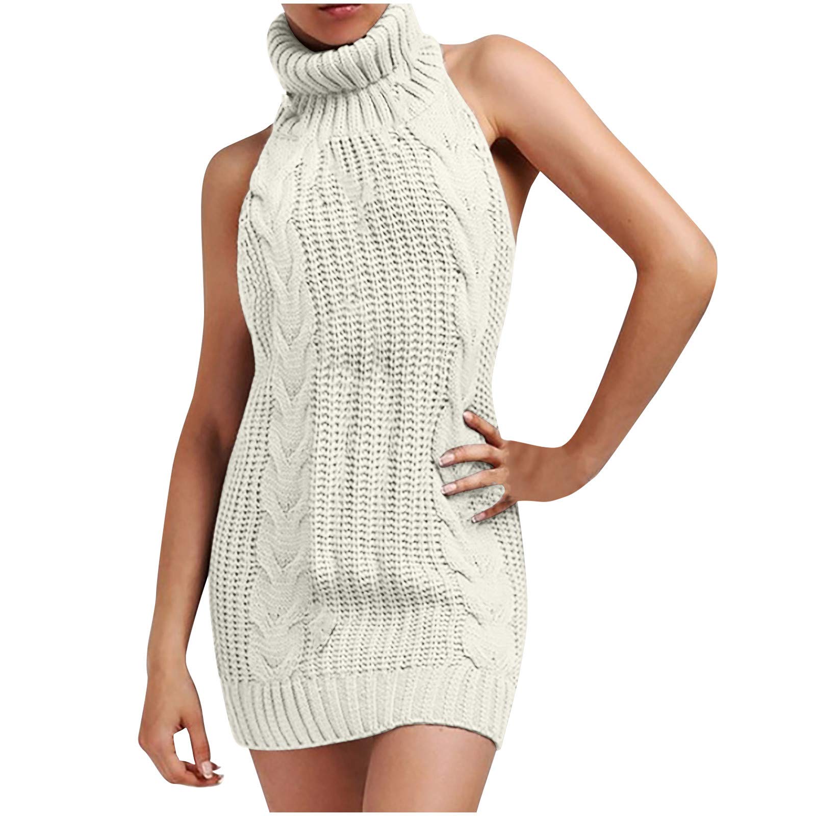 Women's Sexy Ribbed Knit Turtleneck Sleeveless Open Back Pullover Sweater - Anime Strappy Backless Slim Mini Dress for Date Night & Club Wear