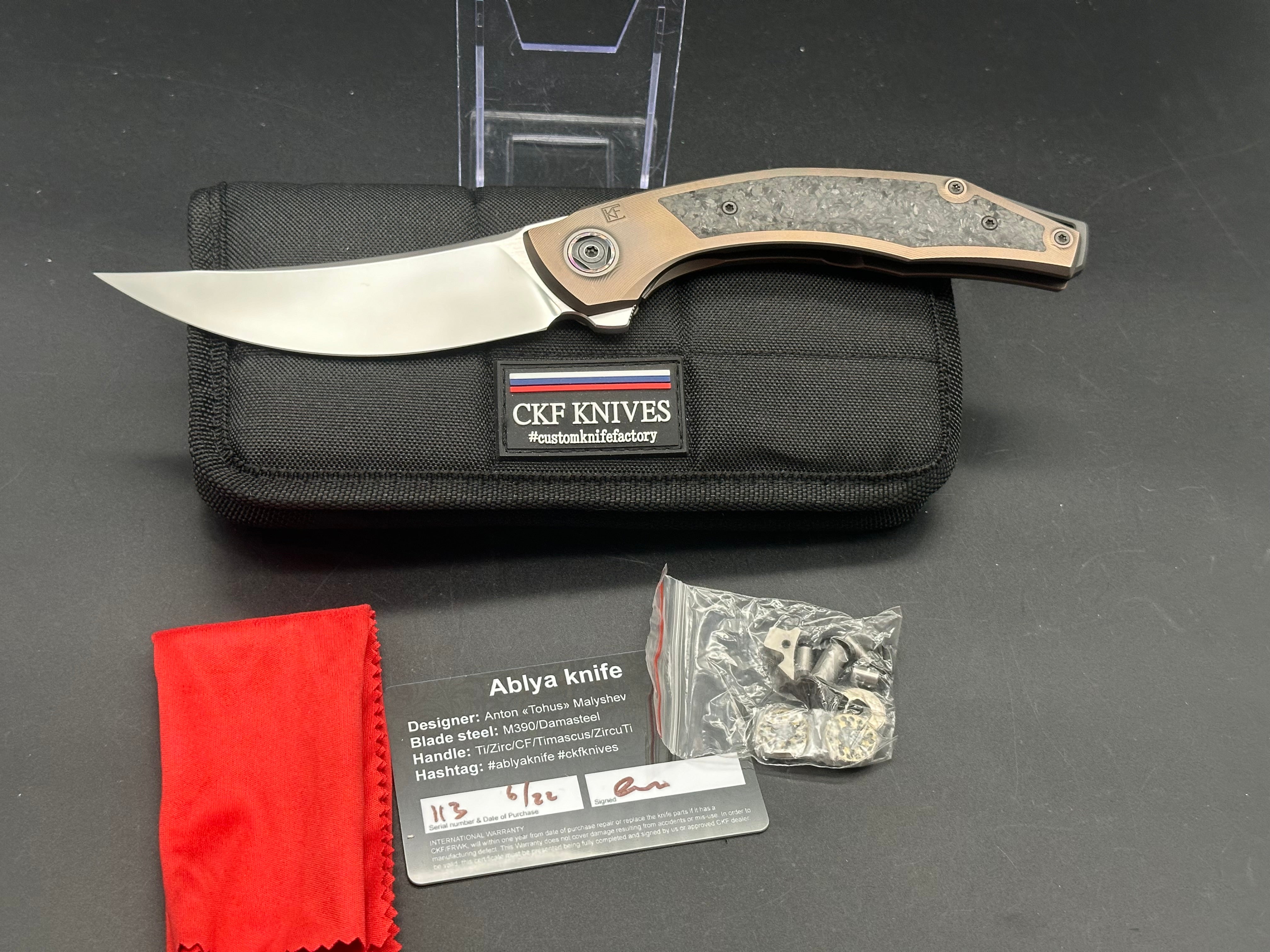 CKF Custom Knife Factory Ablya Folding Knife - Bronze Titanium, Carbon Fiber & Zircuti Handle with M390 Steel Blade - EDC, Outdoor, Camping, Survival Gear
