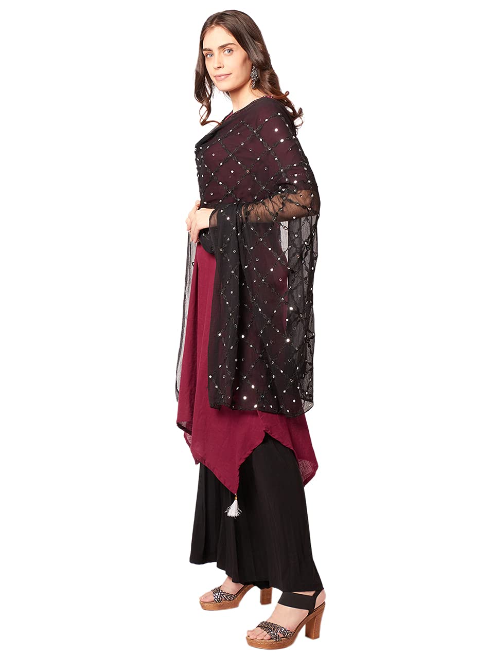 Elegant Black Embroidered Chiffon Dupatta with Mirror Work for Women | Perfect for Weddings, Parties & Festive Occasions | DUPATTA BAZAAR