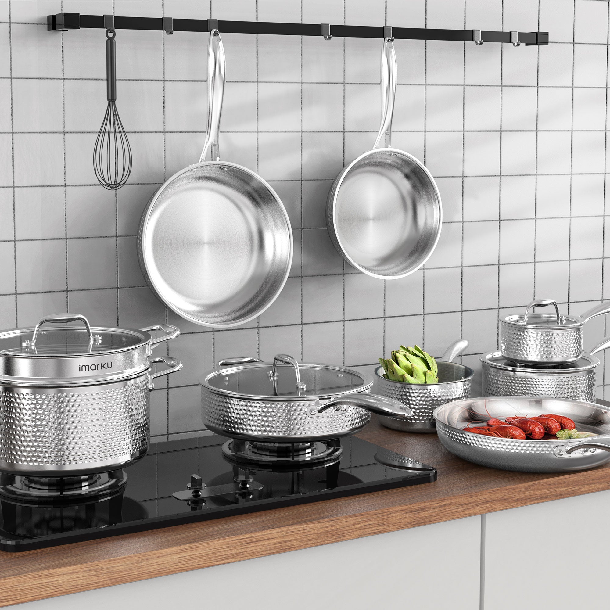 Premium Hammered Stainless Steel Cookware Set with Knife Set - 10-Piece Nonstick Kitchen Cookware Bundle for Professional Chefs & Home Cooking | Perfect for Sautéing, Frying, Baking & Meal Prep
