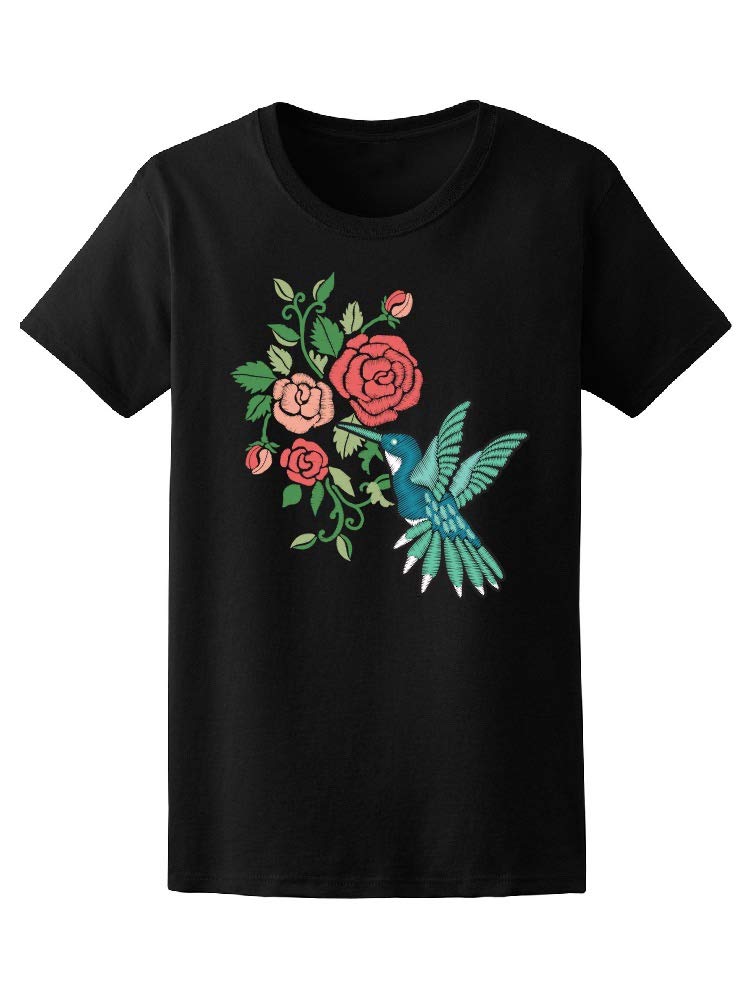 Women's Rose Bouquet Hummingbird Graphic T-Shirt - Floral Bird Print Casual Tee for Spring Outfits & Nature Lovers