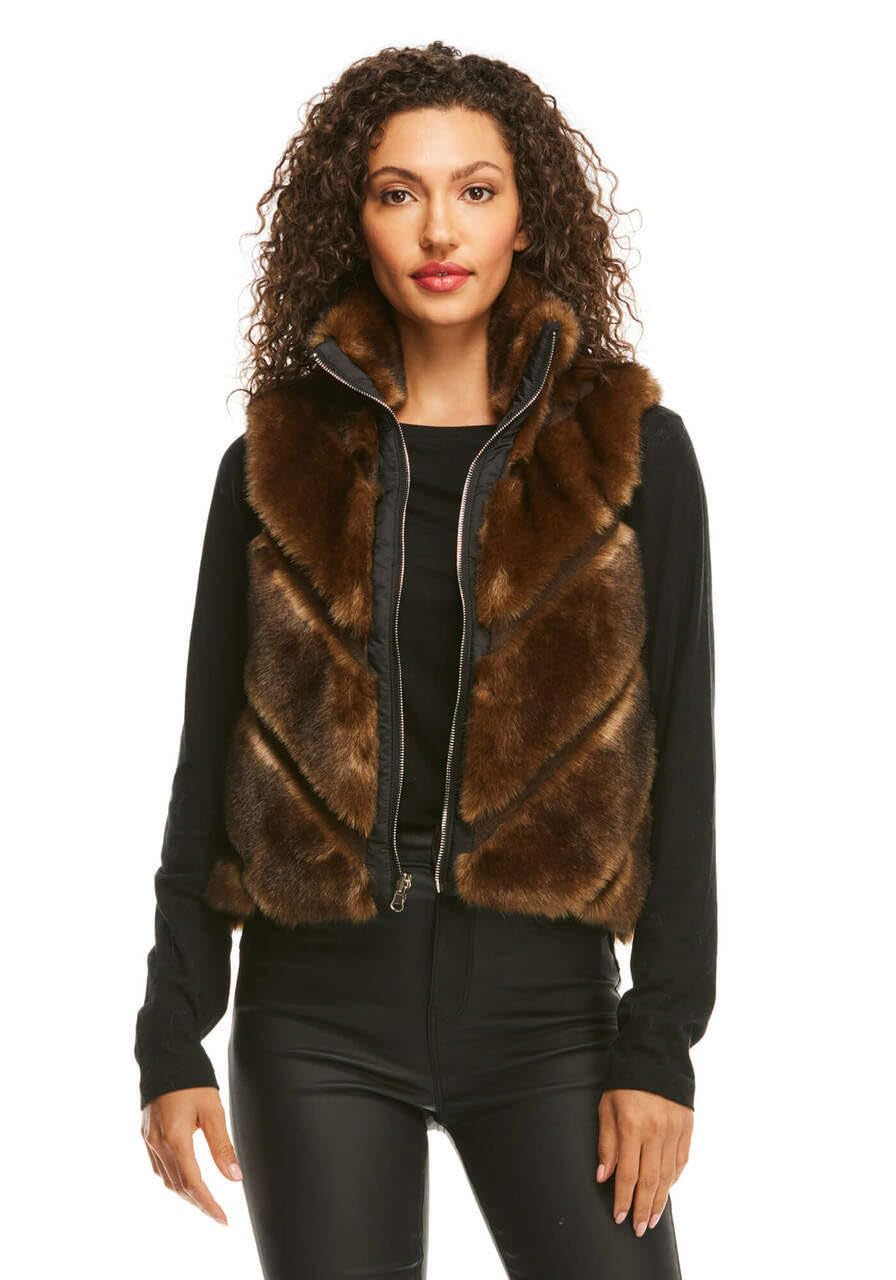 Fabulous-Furs Donna Salyers Chevron Reversible Faux Fur Zip Vest - Women's Winter Fashion Jacket for Outdoor Activities & Casual Wear