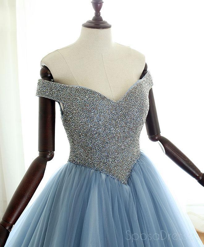 Elegant Off Shoulder Dusty Blue Beaded A-Line Long Evening Prom Dress for Women | Sweet 16 Party Gown | Formal Homecoming Dance Dress | Perfect for Prom Night, Quinceañera & Special Occasions