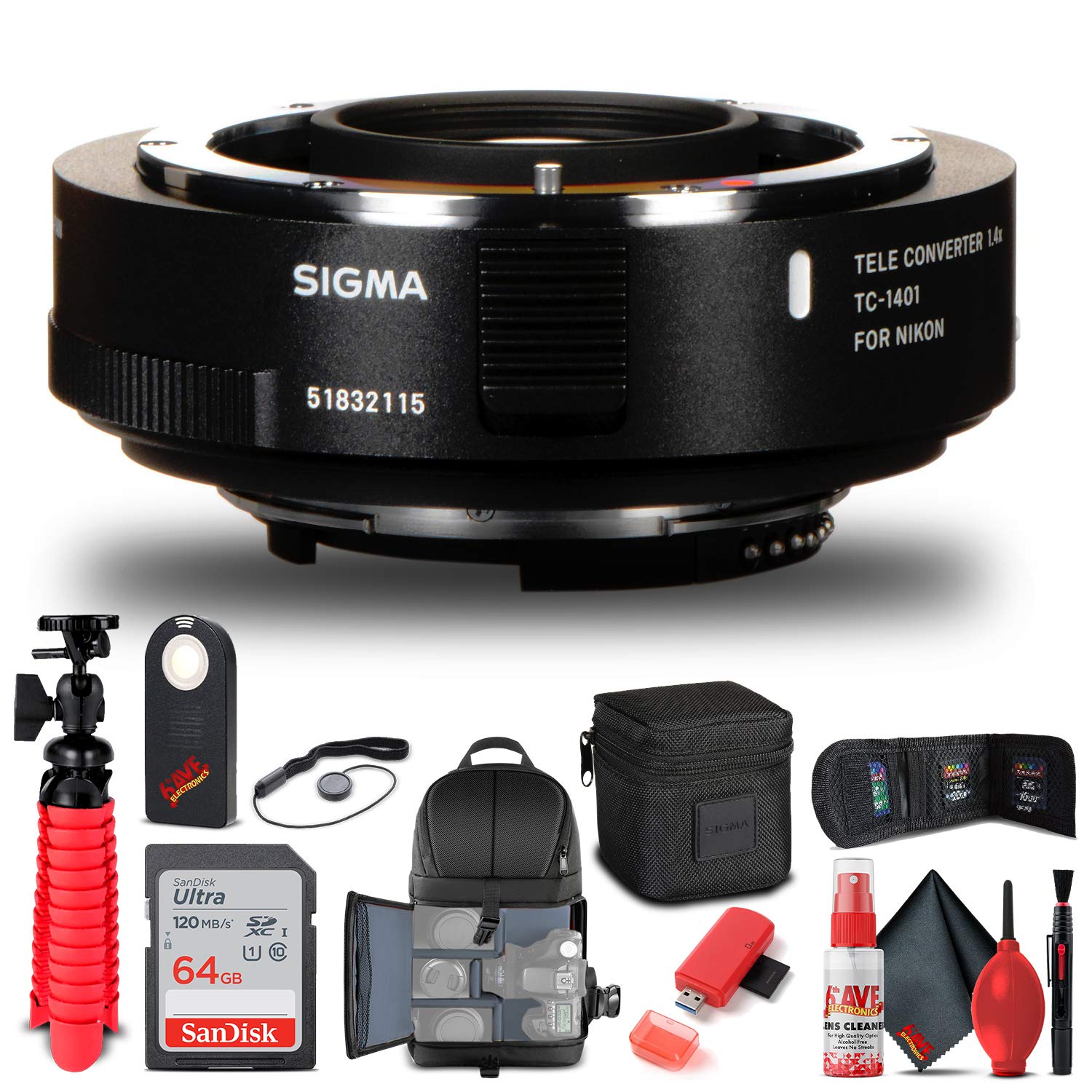 Sigma TC-1401 1.4X Teleconverter Lens for Nikon F Mount (879306) - Complete Bundle with Backpack, 64GB SD Card, Card Reader, Cleaning Kit, Flexible Tripod, Memory Wallet, IR Remote & Lens Cap Keeper - Perfect for Wildlife, Sports & Travel Photography