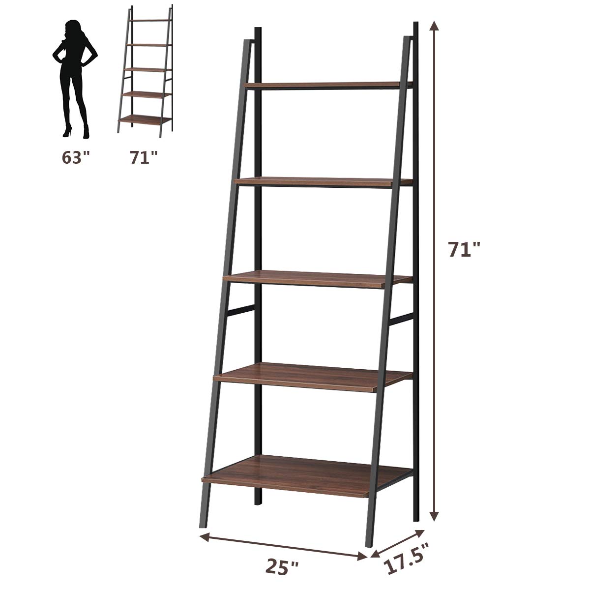 5-Tier Industrial Ladder Shelf - Wooden Look Metal Bookcase & Plant Stand for Home Office Decor | Multifunctional Display Shelf for Books, Plants & Home Organization