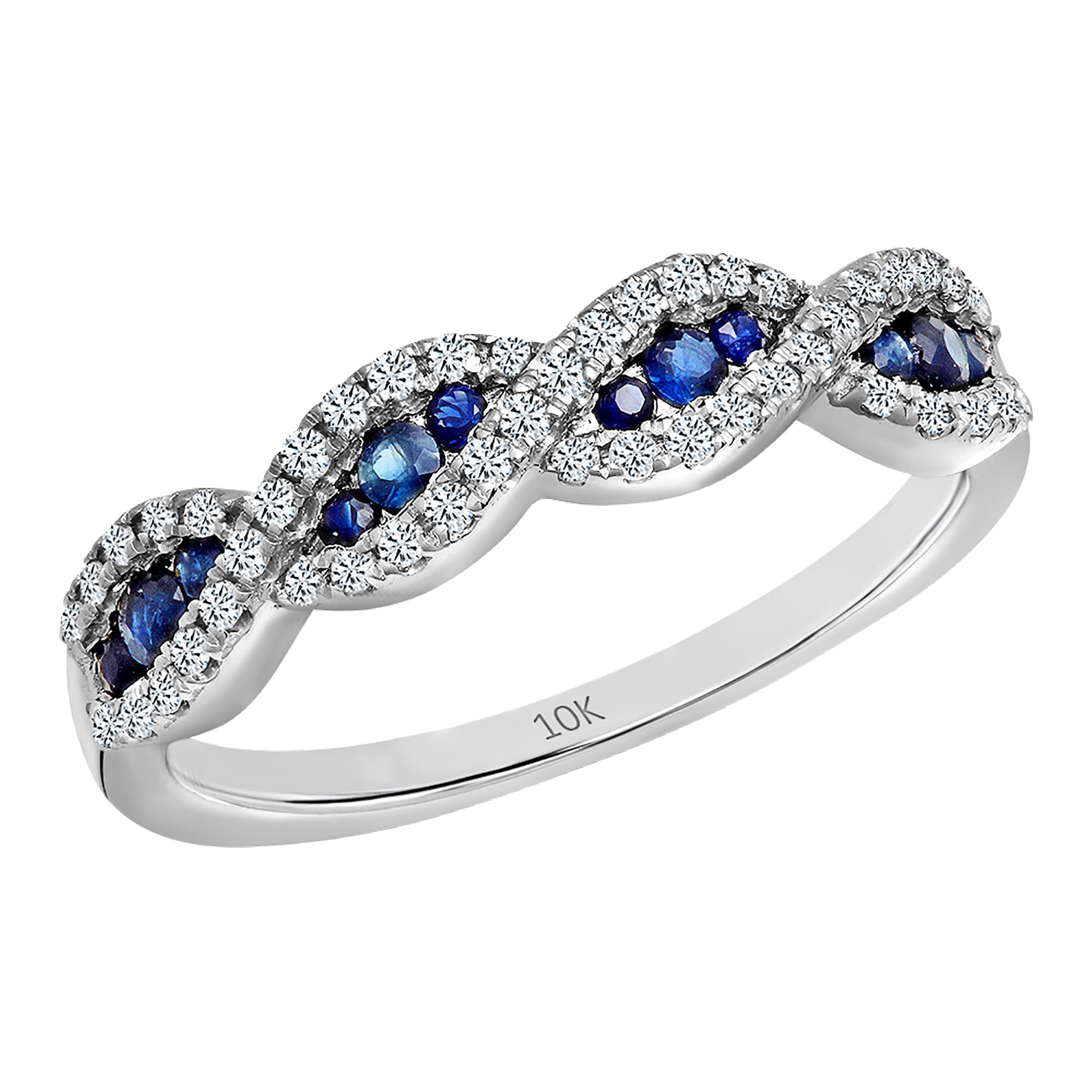 Exquisite Round Blue Sapphire & White Diamond Swirl Stackable Ring for Women - 14K Solid Gold Anniversary Gift | Elegant Wedding Band, Romantic Proposal Jewelry, Special Occasion Present for Her