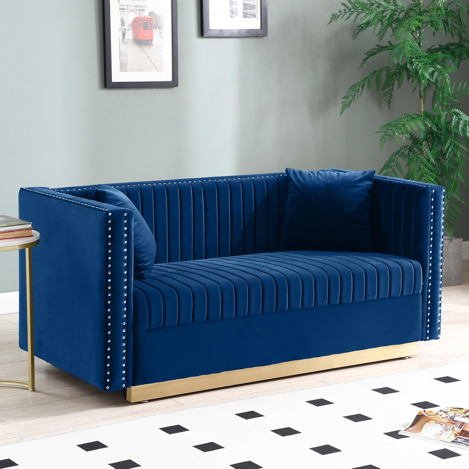 KIVENJAJA 2-Piece Velvet Sofa Set - Modern Channel Tufted Loveseat & Couch with 4 Pillows, Nailhead Trim & Gold Base in Navy Blue - Perfect for Living Room, Lounge & Small Spaces