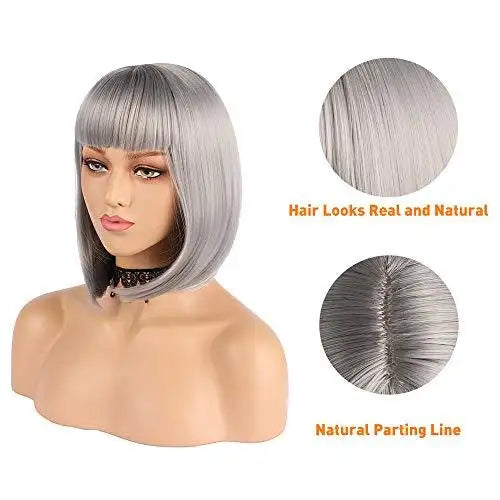 Silver Grey Bob Wig with Flat Bangs - Natural Looking Synthetic Hairpiece for Cosplay, Halloween & Daily Wear