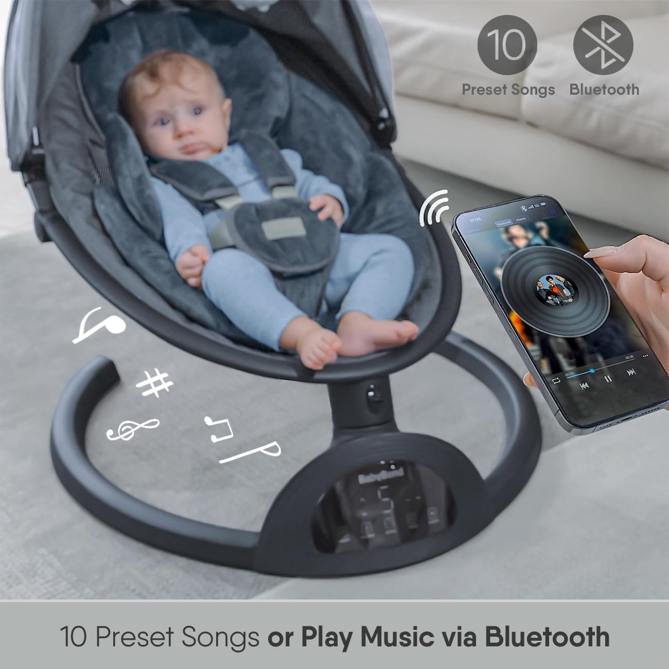 Baby Swing for Infants - Bluetooth Enabled Infant Swing with Music Speaker, 3 Adjustable Seat Positions, 5 Speed Settings & Remote Control - Portable Baby Rocker for Nursery, Travel, Indoor & Outdoor Use (Black)
