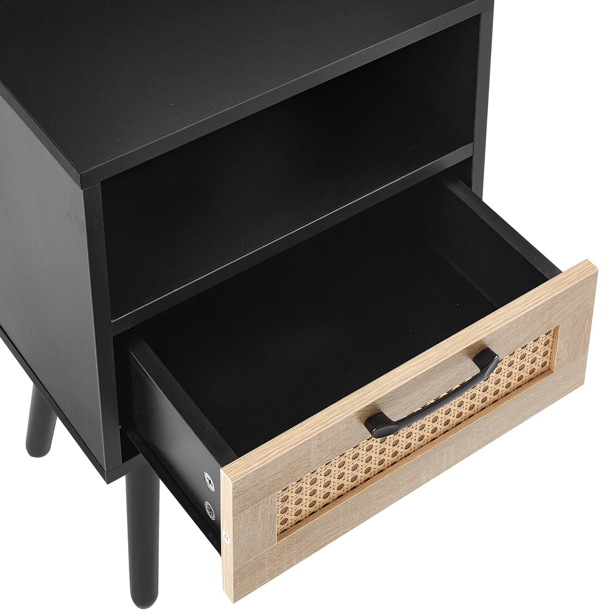 2-Piece Rattan Nightstand Set with Power Outlet & USB Ports - Boho Bedside Table with Solid Wood Legs & Drawer - Modern End Table for Bedroom, Living Room (Black) - Perfect for Charging Devices & Bedroom Organization