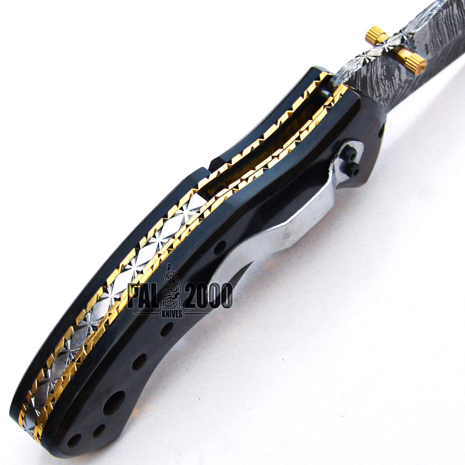 Handmade Damascus Steel 8 Inch Folding Pocket Knife - Horn Handle with Sheath | Hunting, Camping & Outdoor Survival Tool | PAL 2000 KNIVES POC-9844